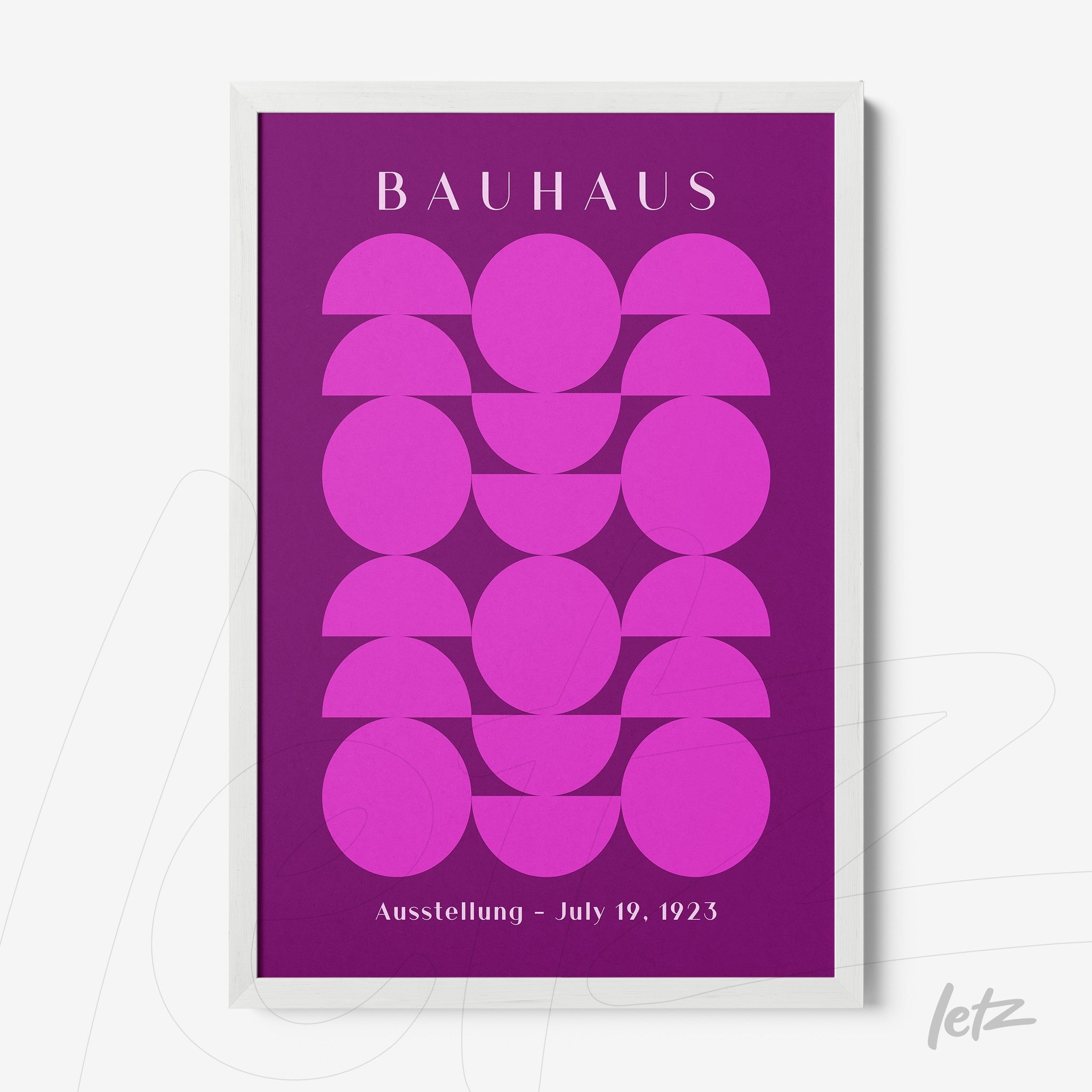 poster featuring geometric art in pink and purple hues with a white frame