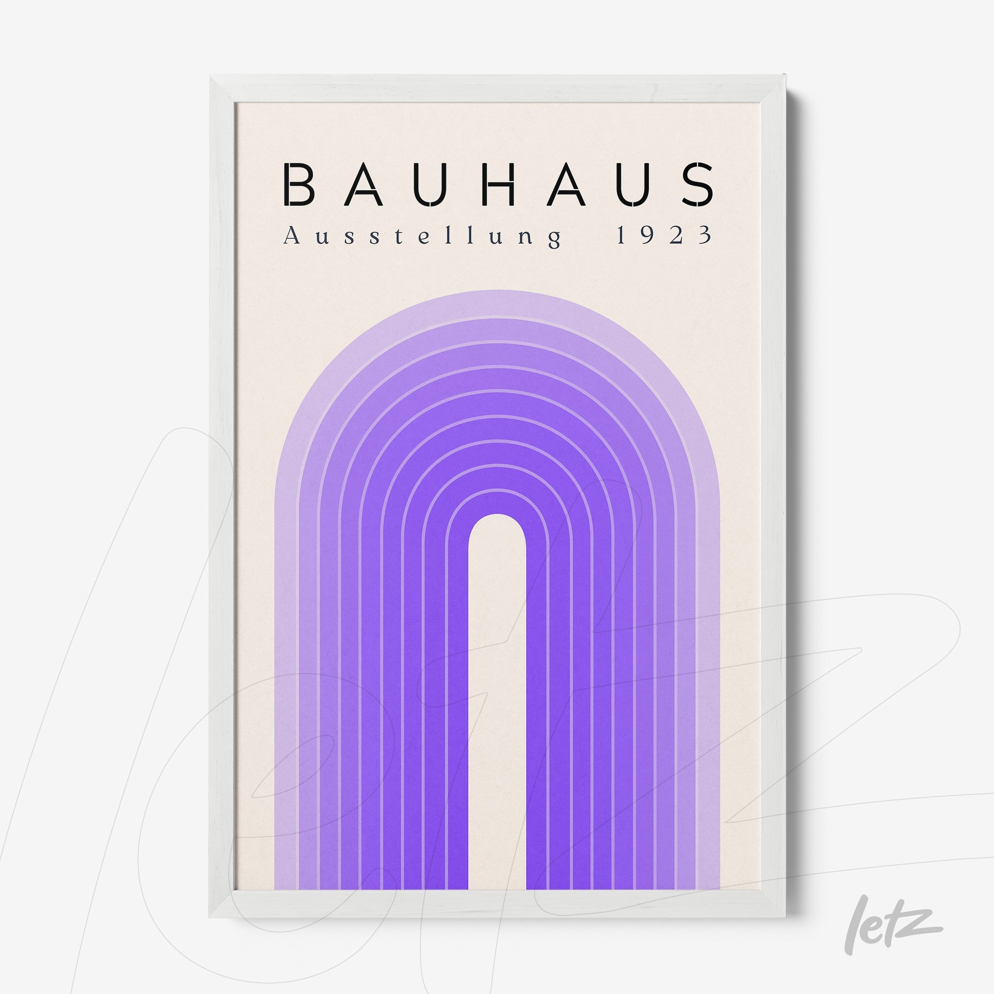 poster print with lilac arch geometric design and 'Bauhaus Ausstellung 1923' text in a white frame