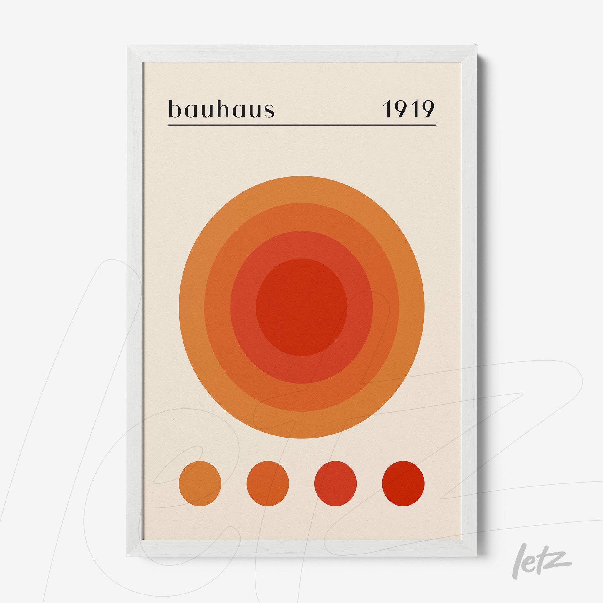 poster with bauhaus geometric art of concentric orange circles in white frame