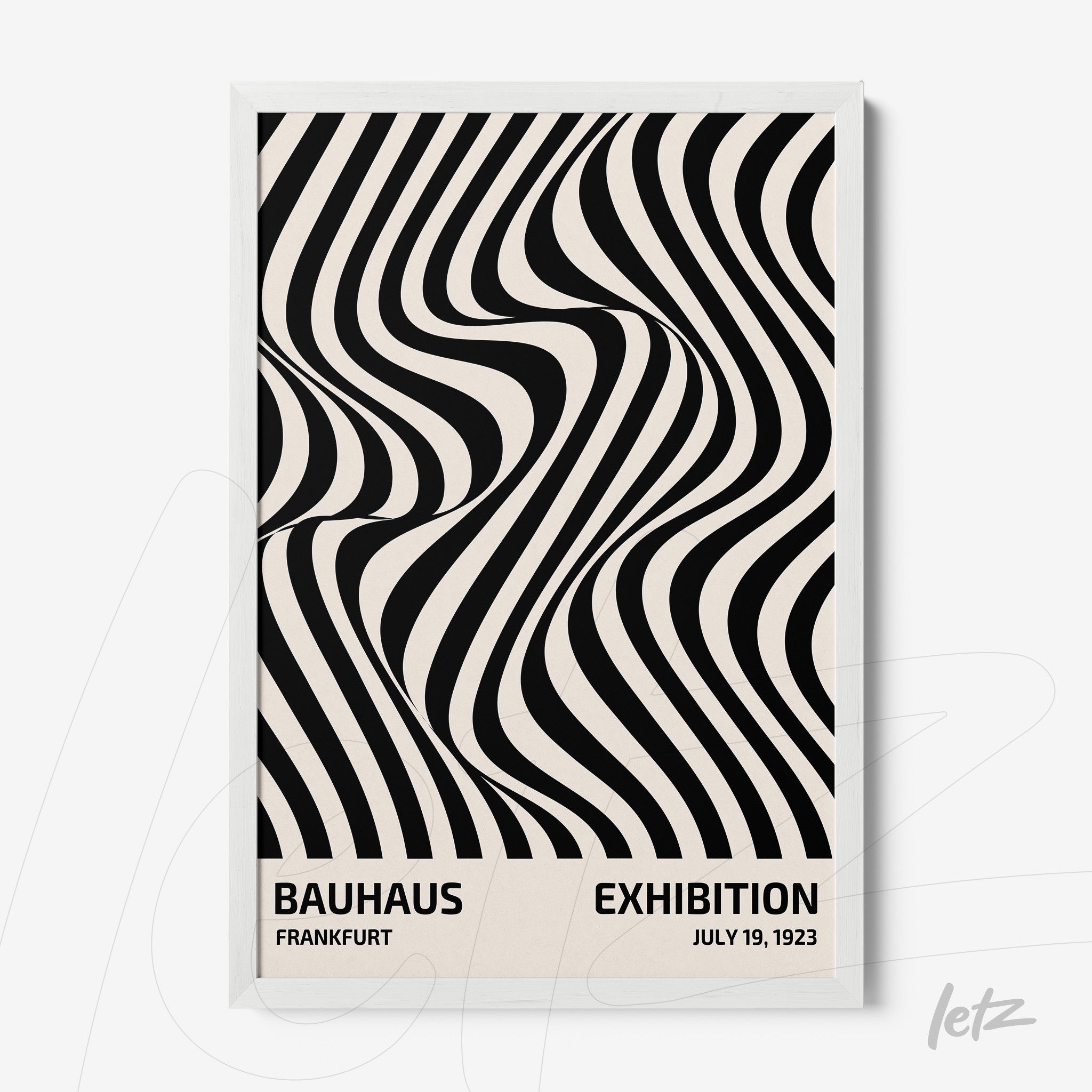 poster print featuring black and white abstract design in a white frame