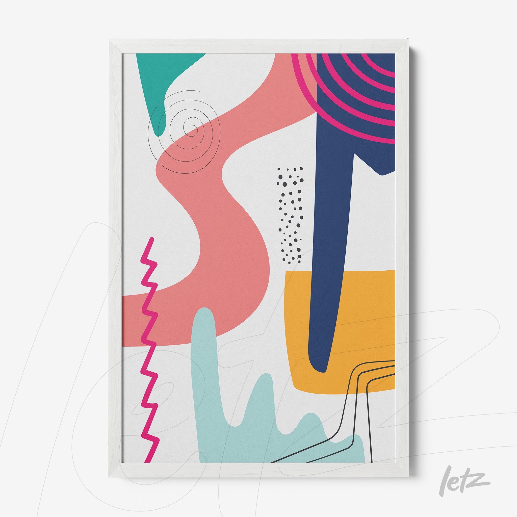 pôster abstrato com formas geométricas coloridas em moldura branca