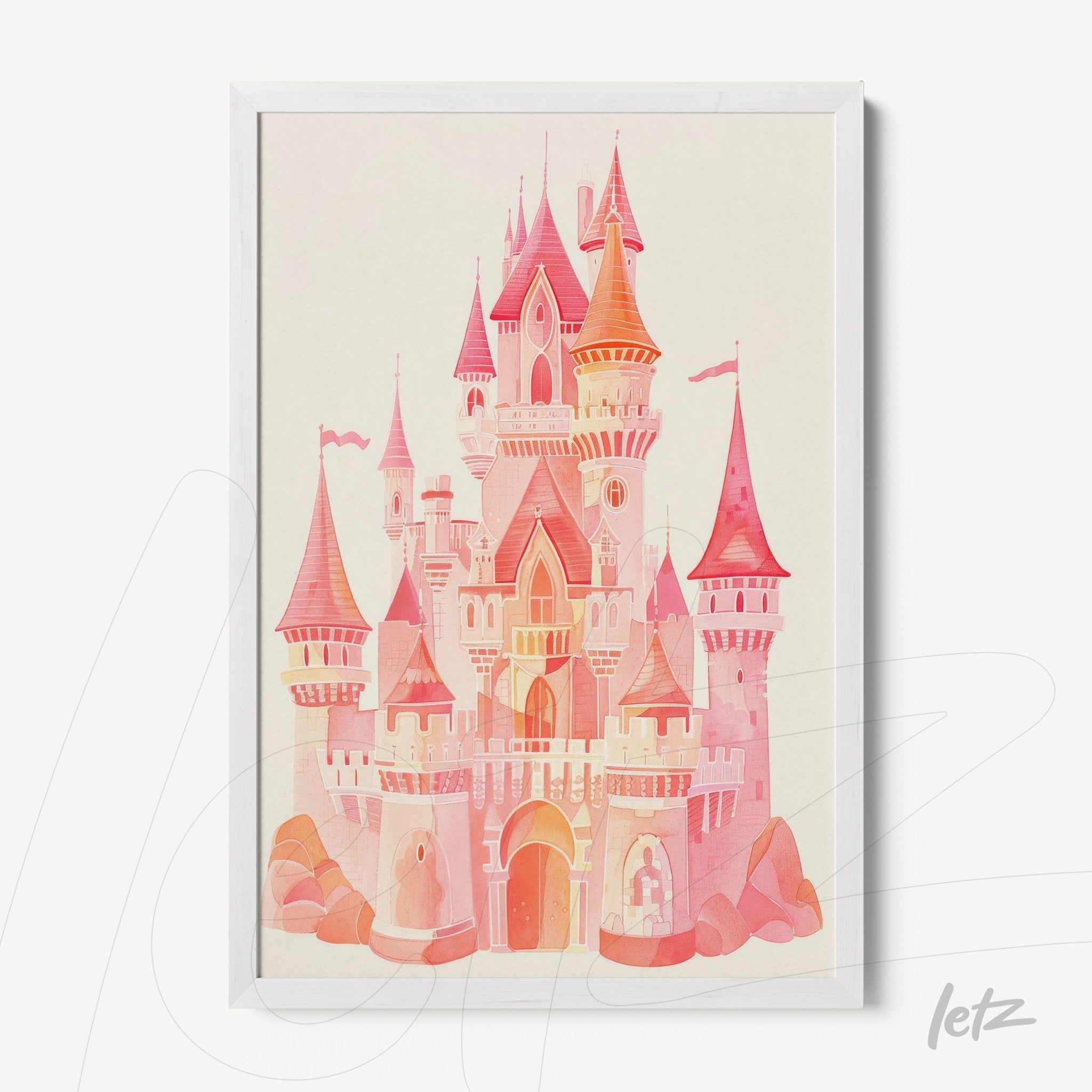 framed artwork of a colorful castle illustration in shades of pink and orange with white frame