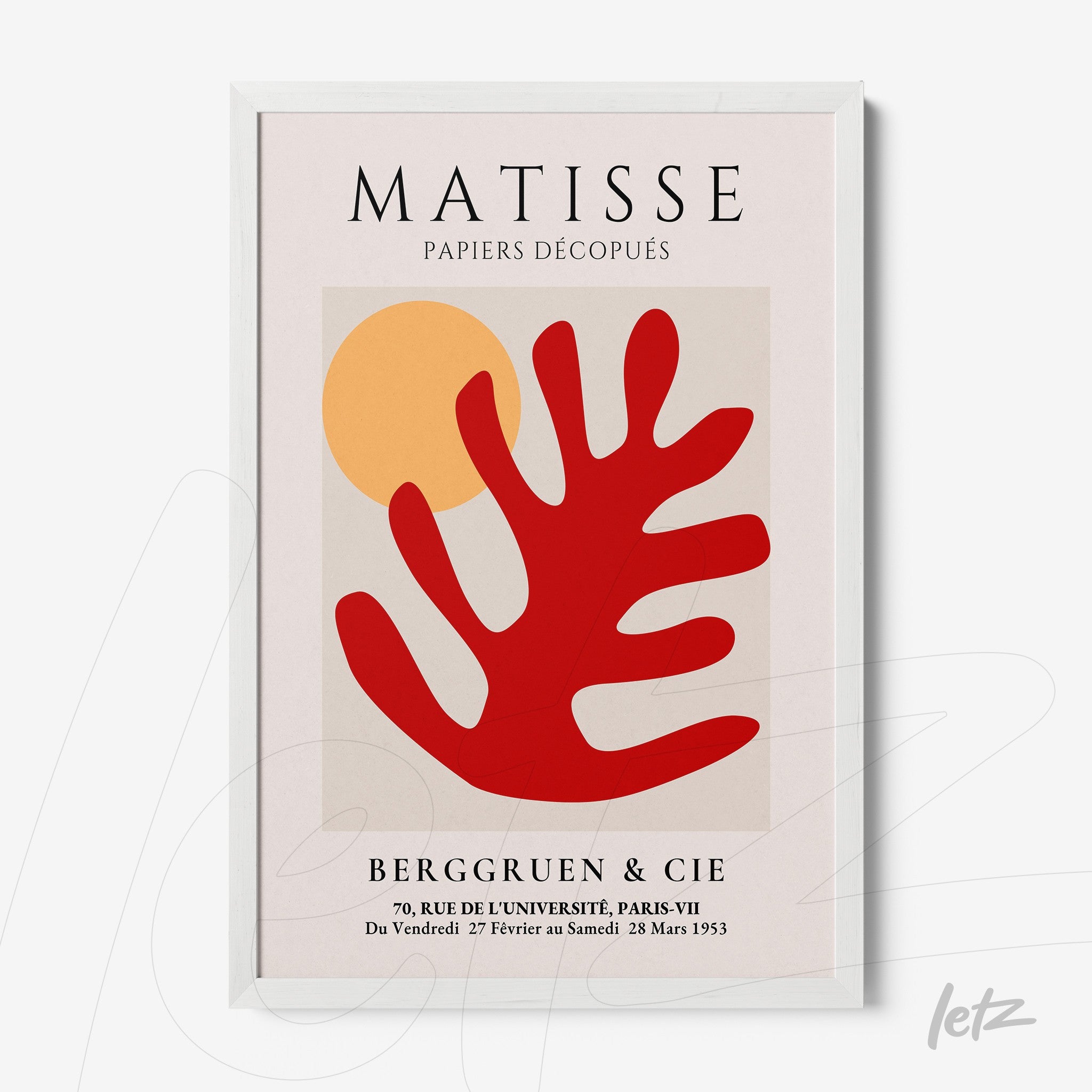 decorative framed artwork featuring abstract shapes in red and yellow with a white frame, inspired by Matisse