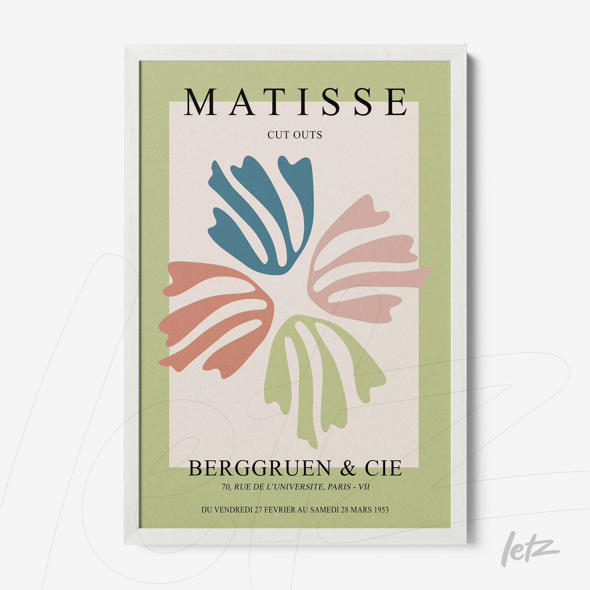 framed modern art inspired by Matisse featuring organic colorful shapes on light green background with white frame