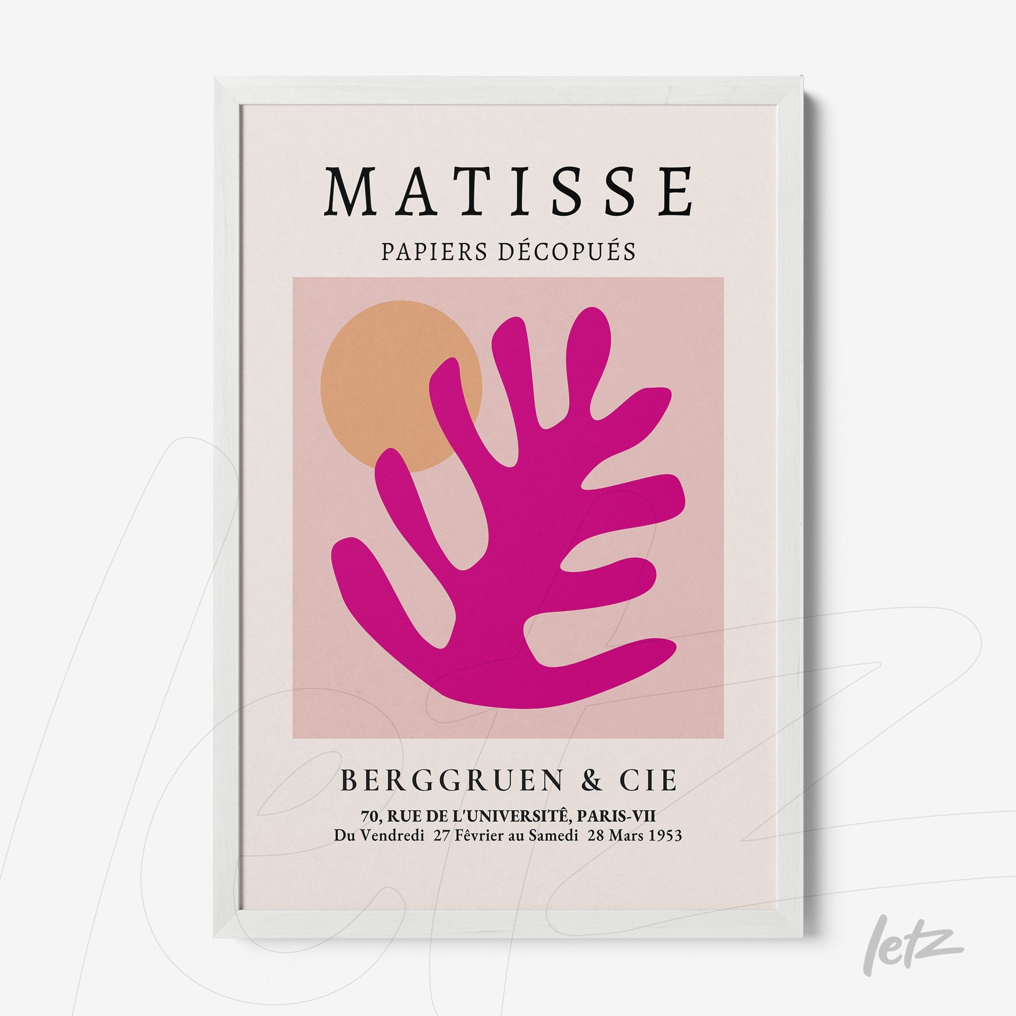 modern graphic wall art featuring a stylized pink hand on a light background with pastel geometric shapes, framed in white
