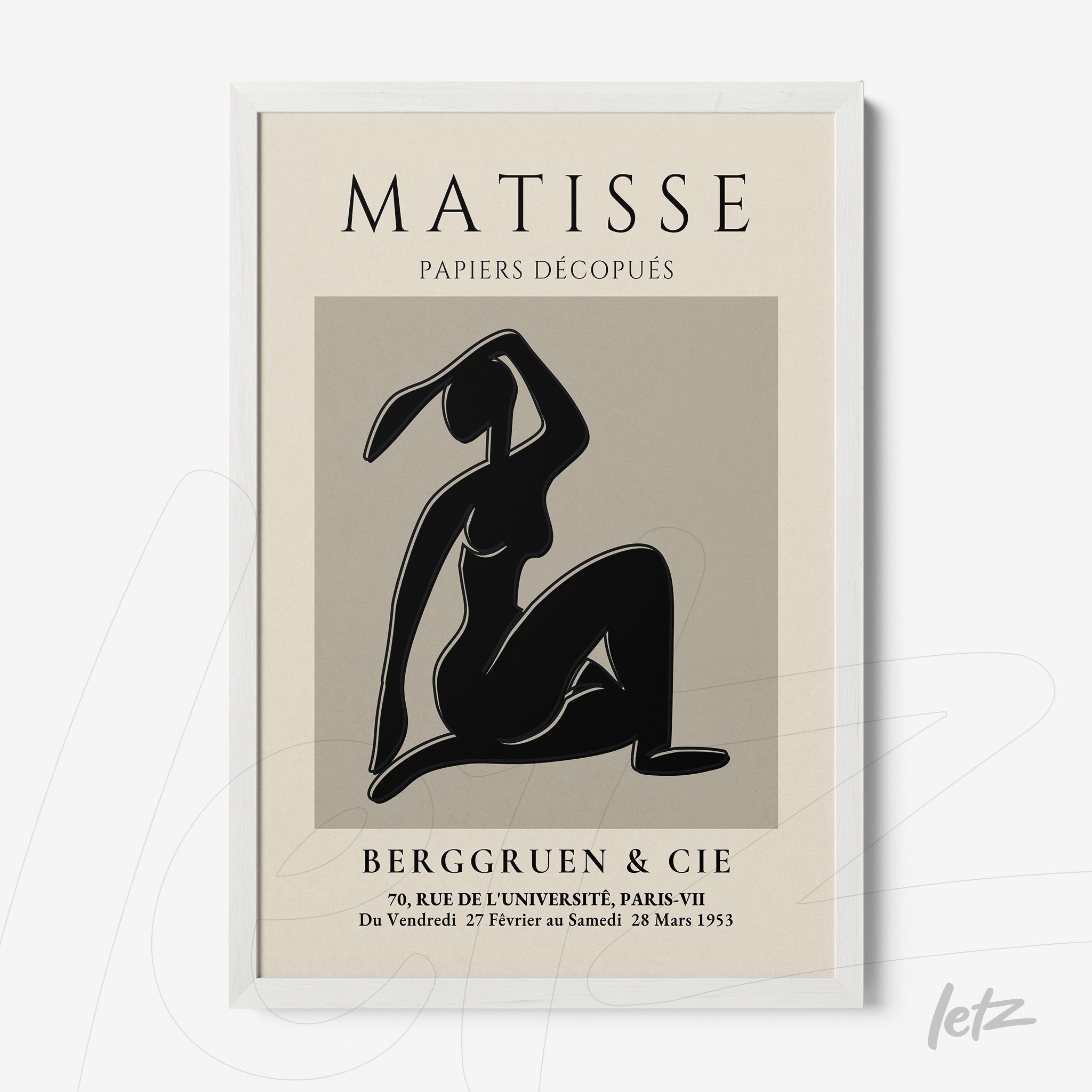 framed artwork by Matisse showcasing a female figure silhouette on a gray background with white frame