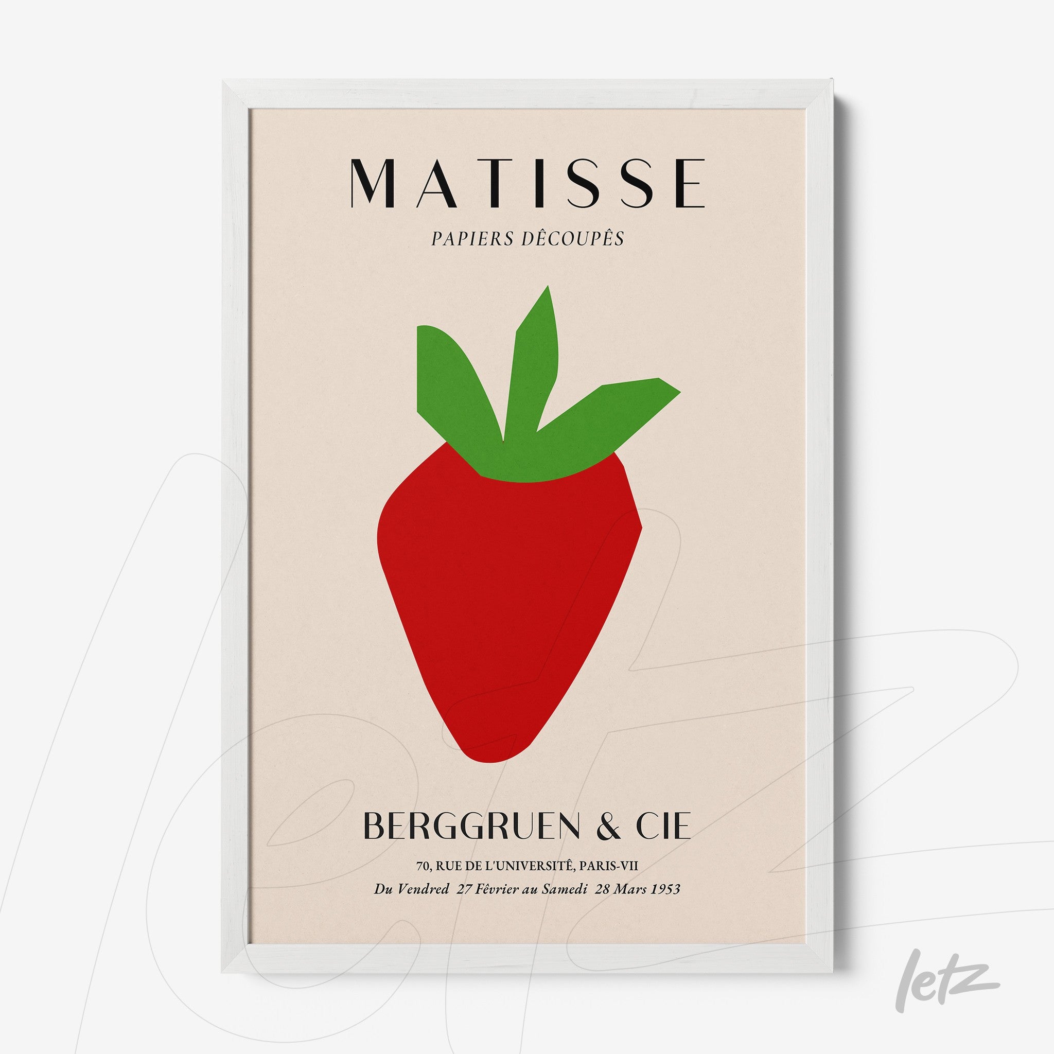 framed modern art depicting a graphic strawberry on a light background with white frame
