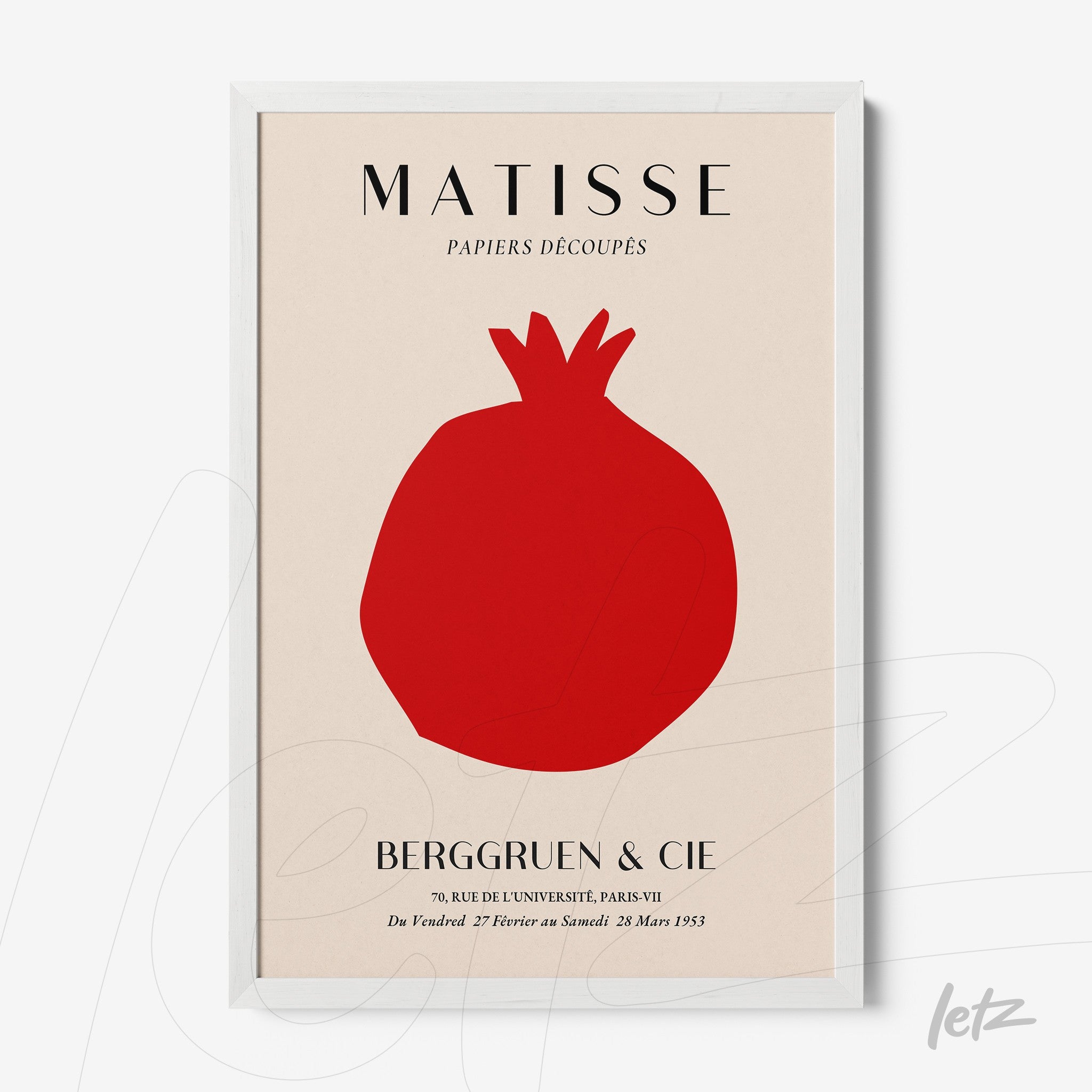 modern art print of a pomegranate on a light background with white frame