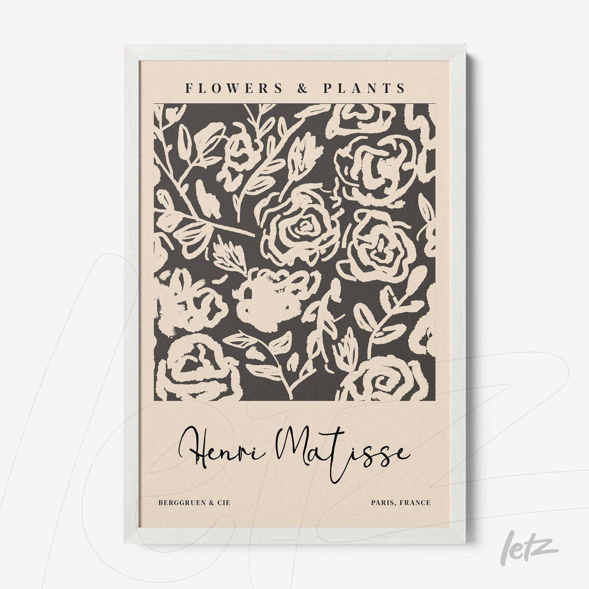 framed wall art featuring modern floral design with beige background and white frame