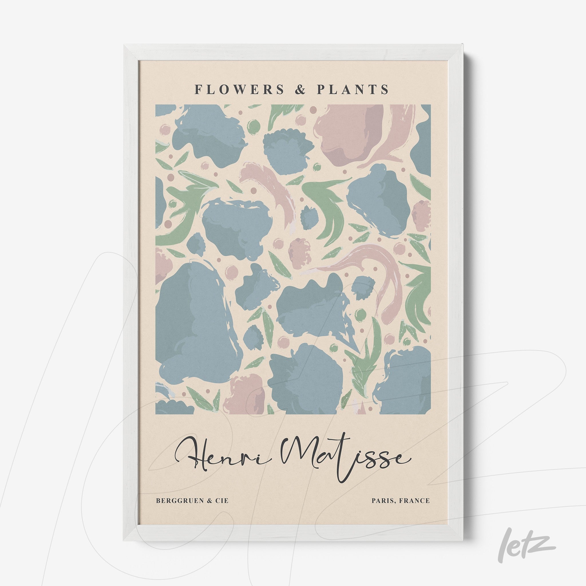 framed artwork featuring flowers and plants in a modern style with soft colors and elegant text