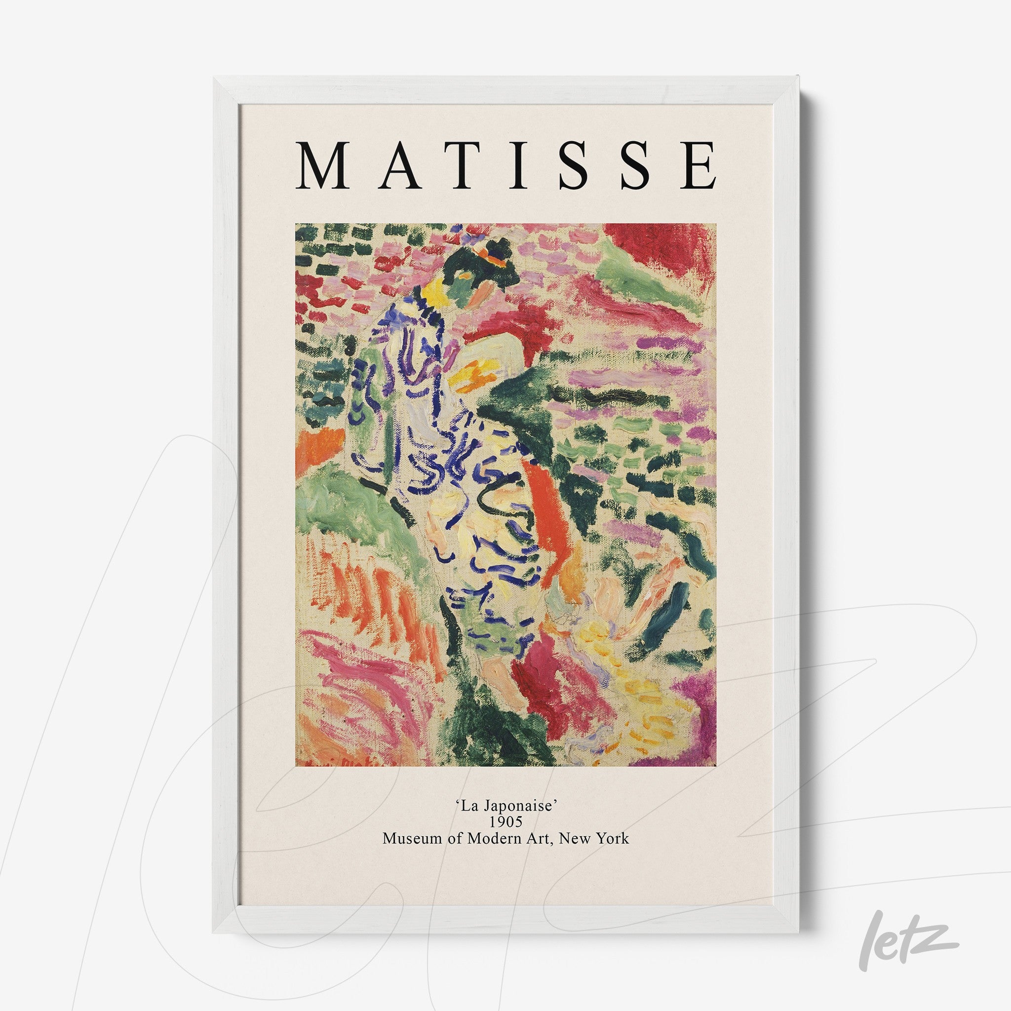 framed art piece by Henri Matisse featuring 'La Japonaise' from 1905 with white frame