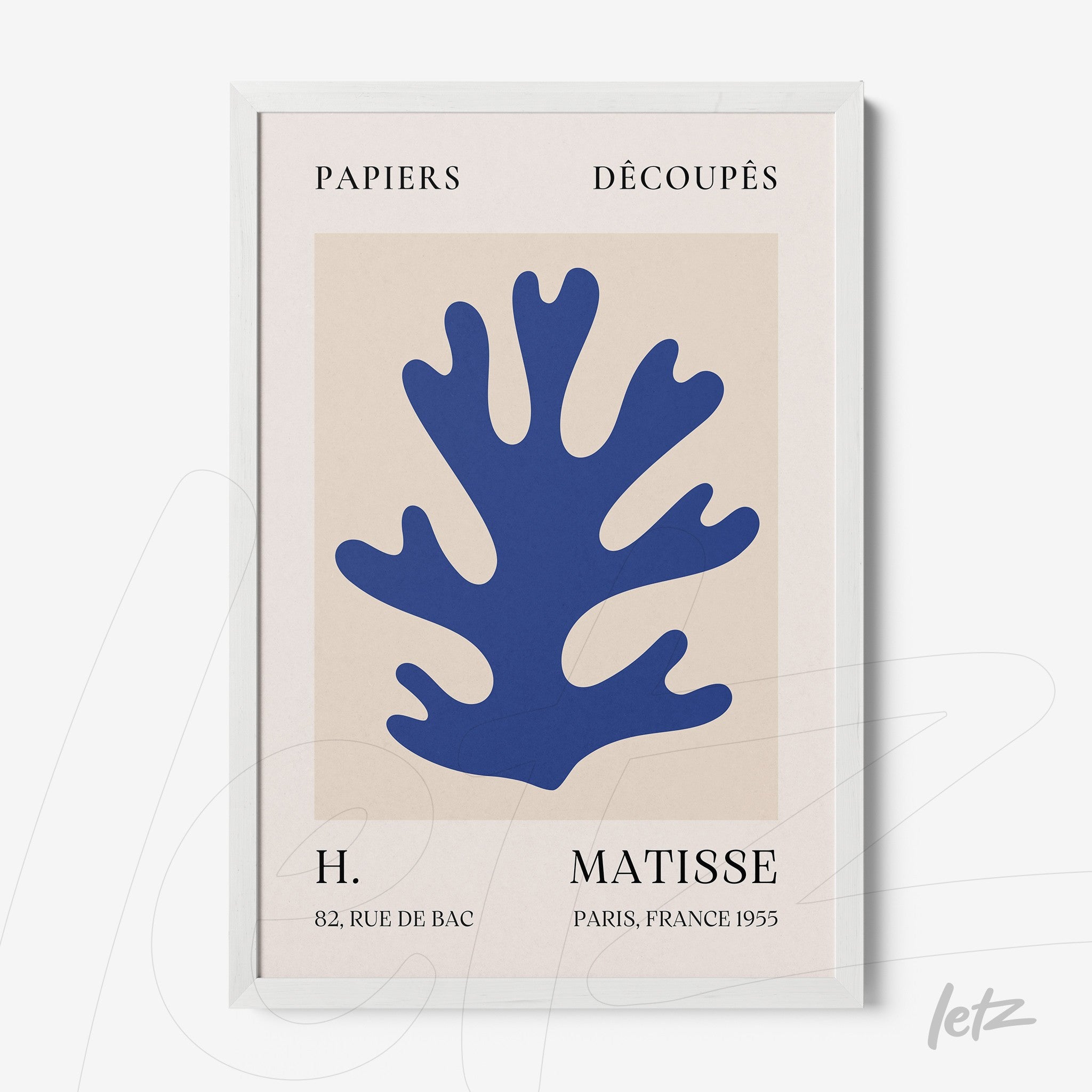 decorative wall art featuring a modern blue coral design on a beige background with a white frame