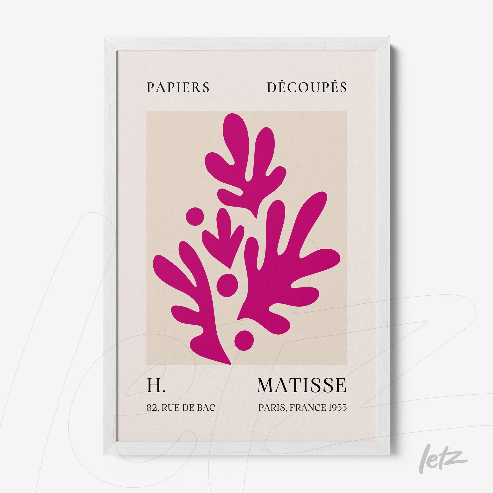 framed art inspired by Matisse featuring bright pink shapes on a light background with a white frame