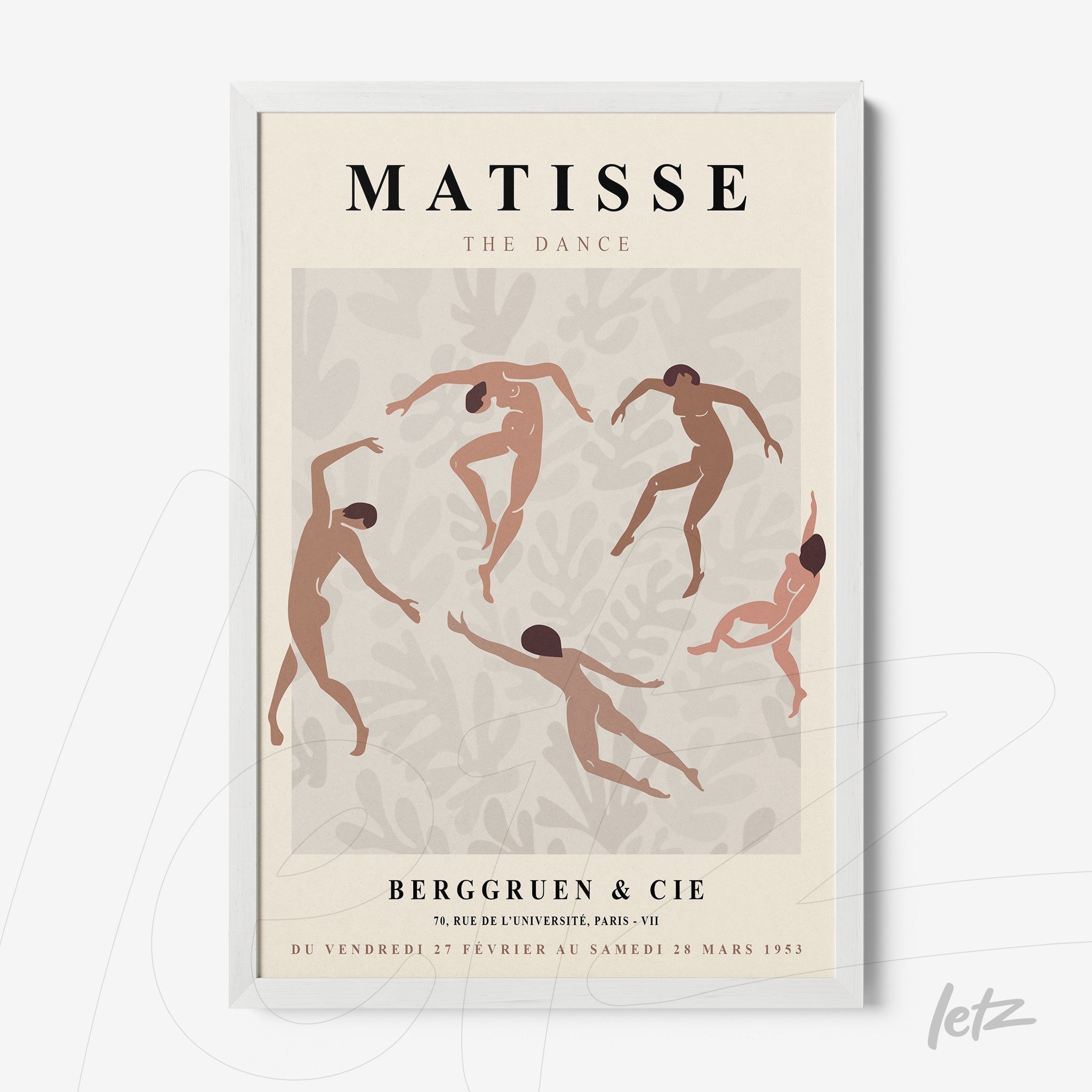 framed modern art of stylized dancers on beige background with thin white frame