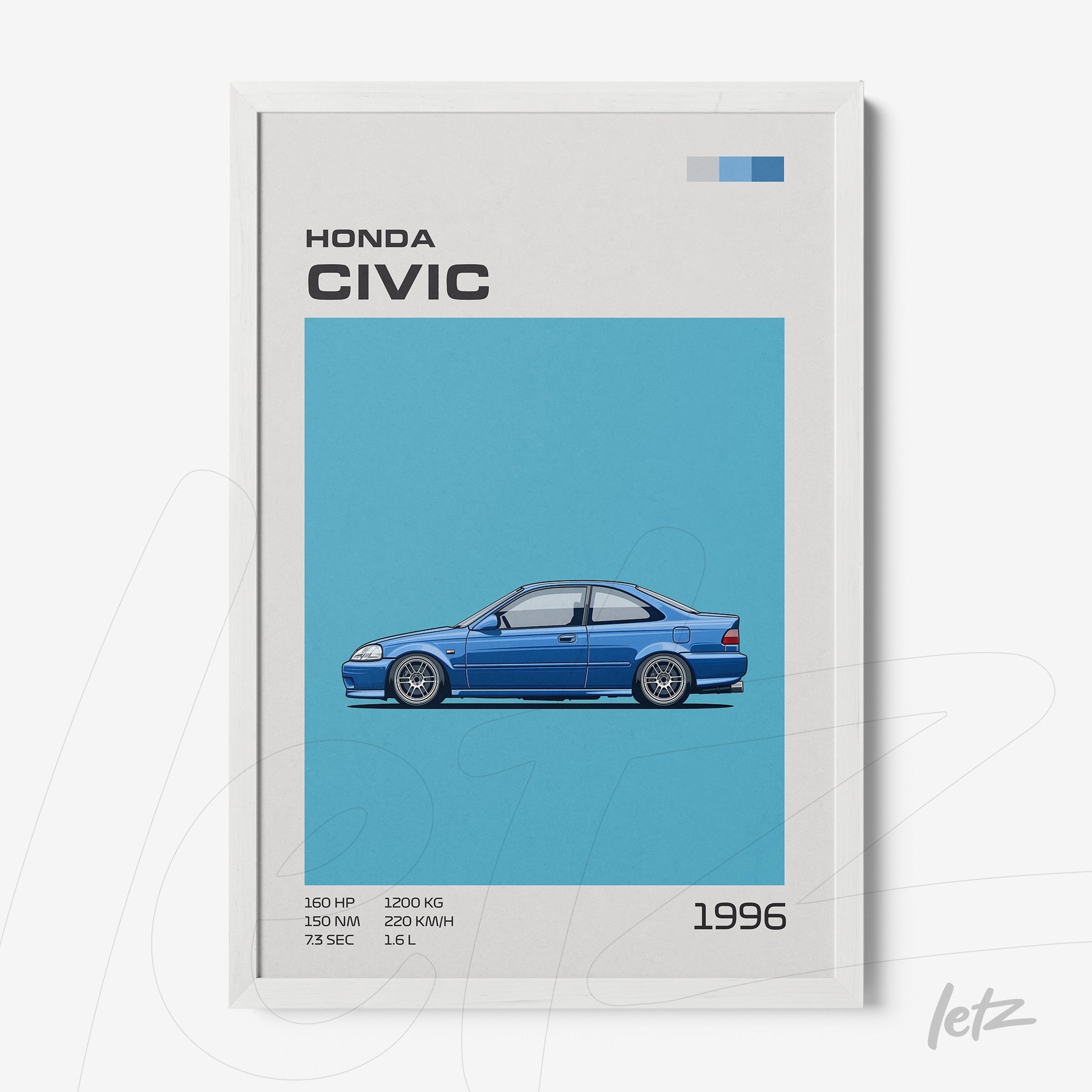 framed artwork of a 1996 Honda Civic on a blue background with white frame