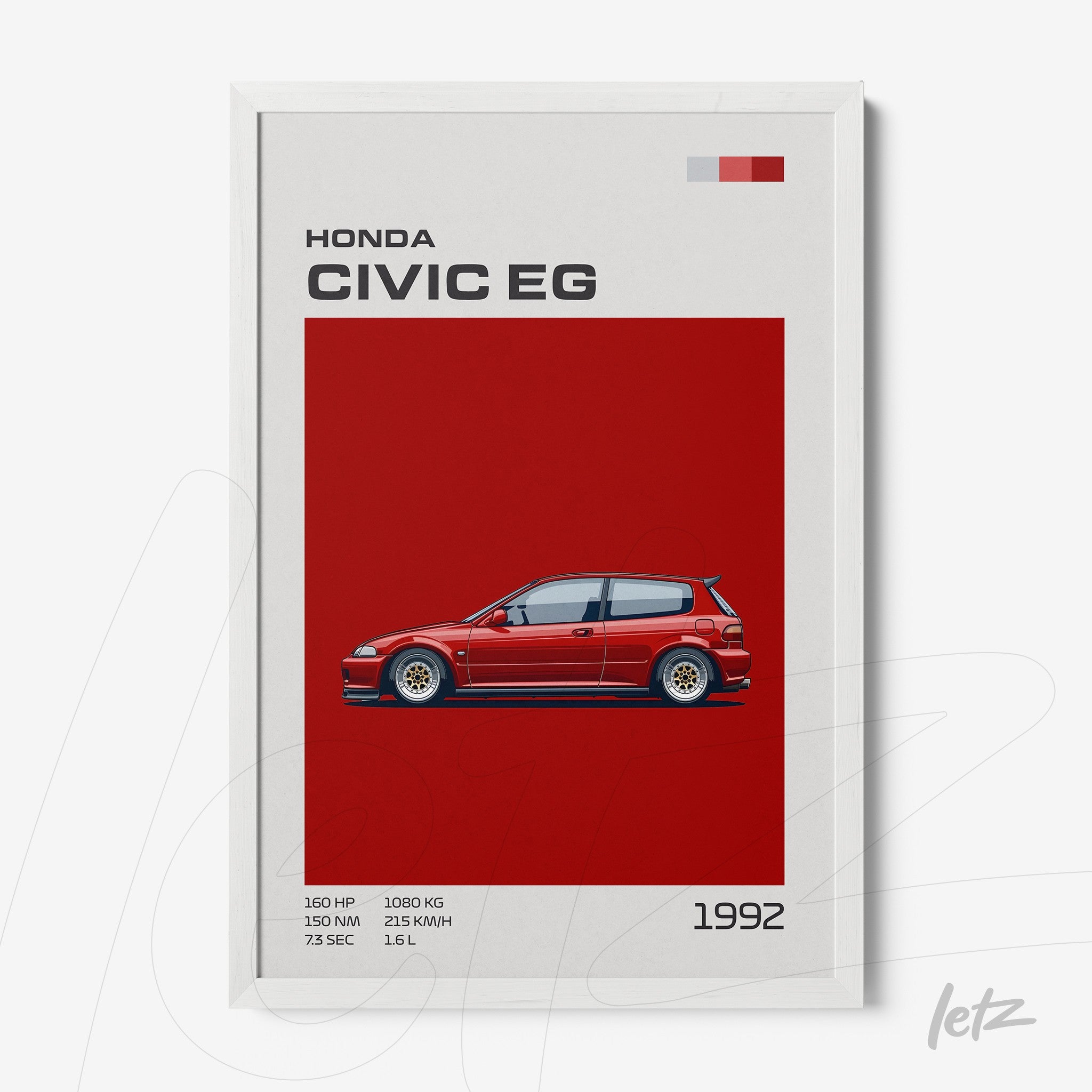 framed wall art featuring an illustration of Honda Civic EG on a red background with a white frame