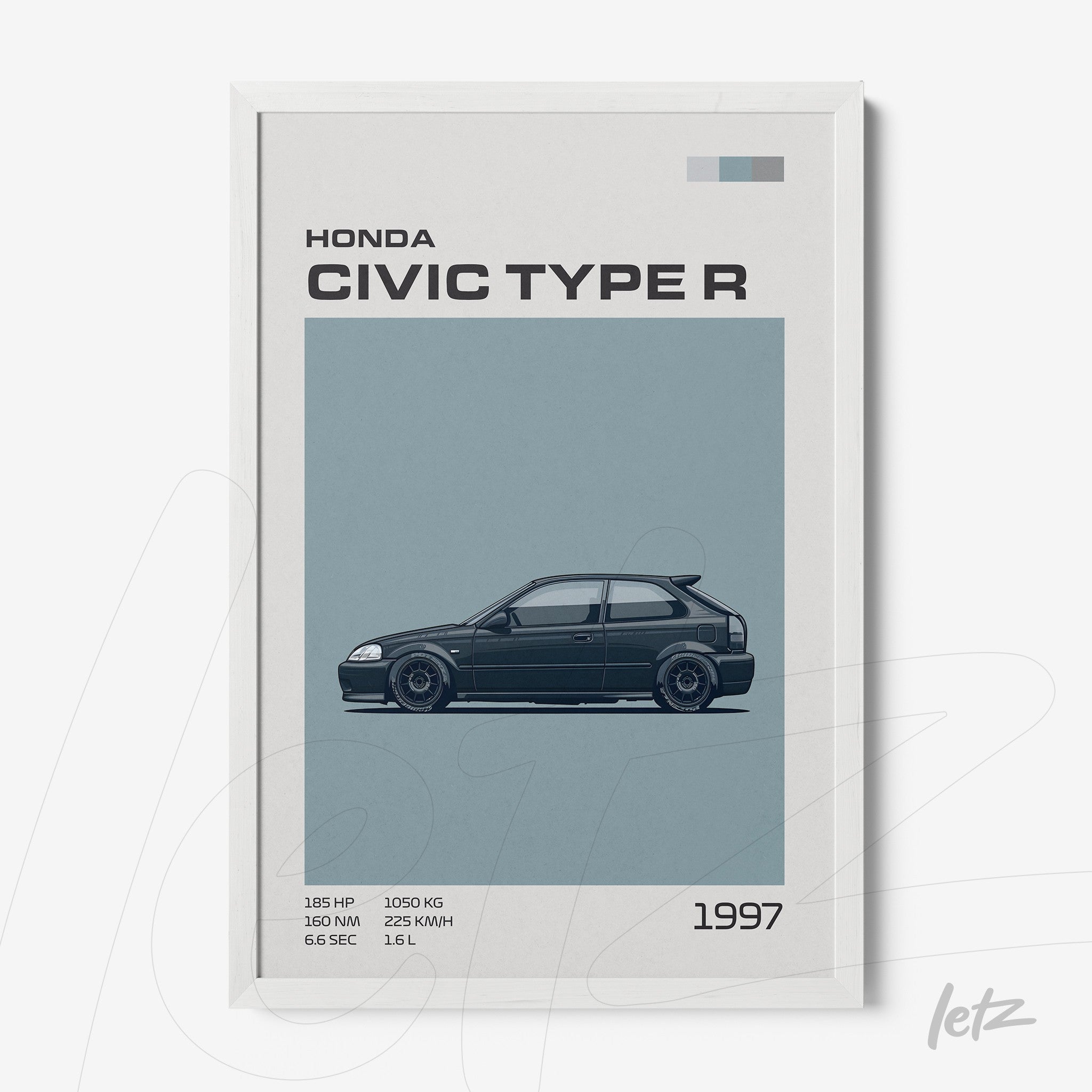 framed artwork of the 1997 Honda Civic Type R with technical specifications on a light blue background