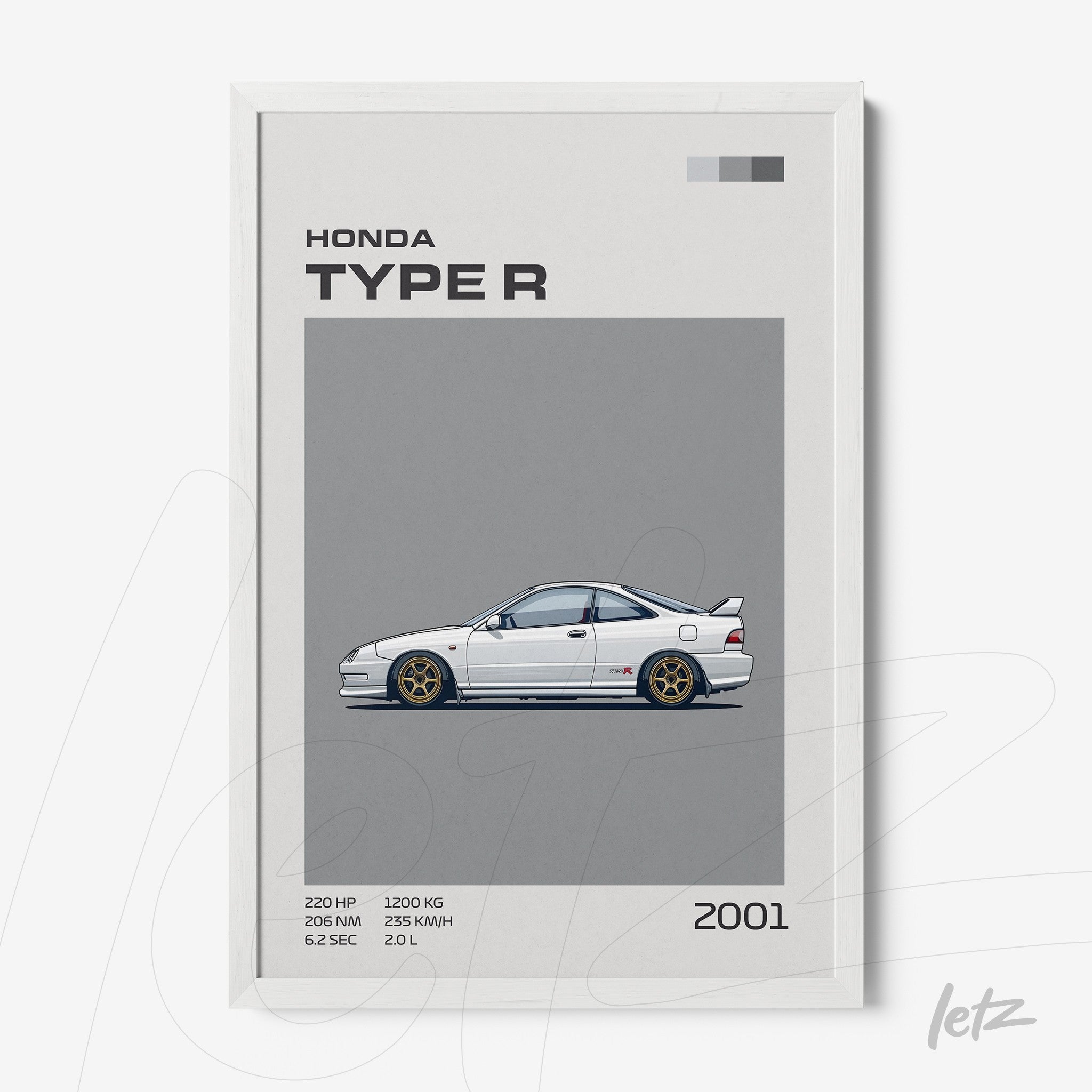 framed minimalist illustration of the 2001 Honda Type R car with white frame