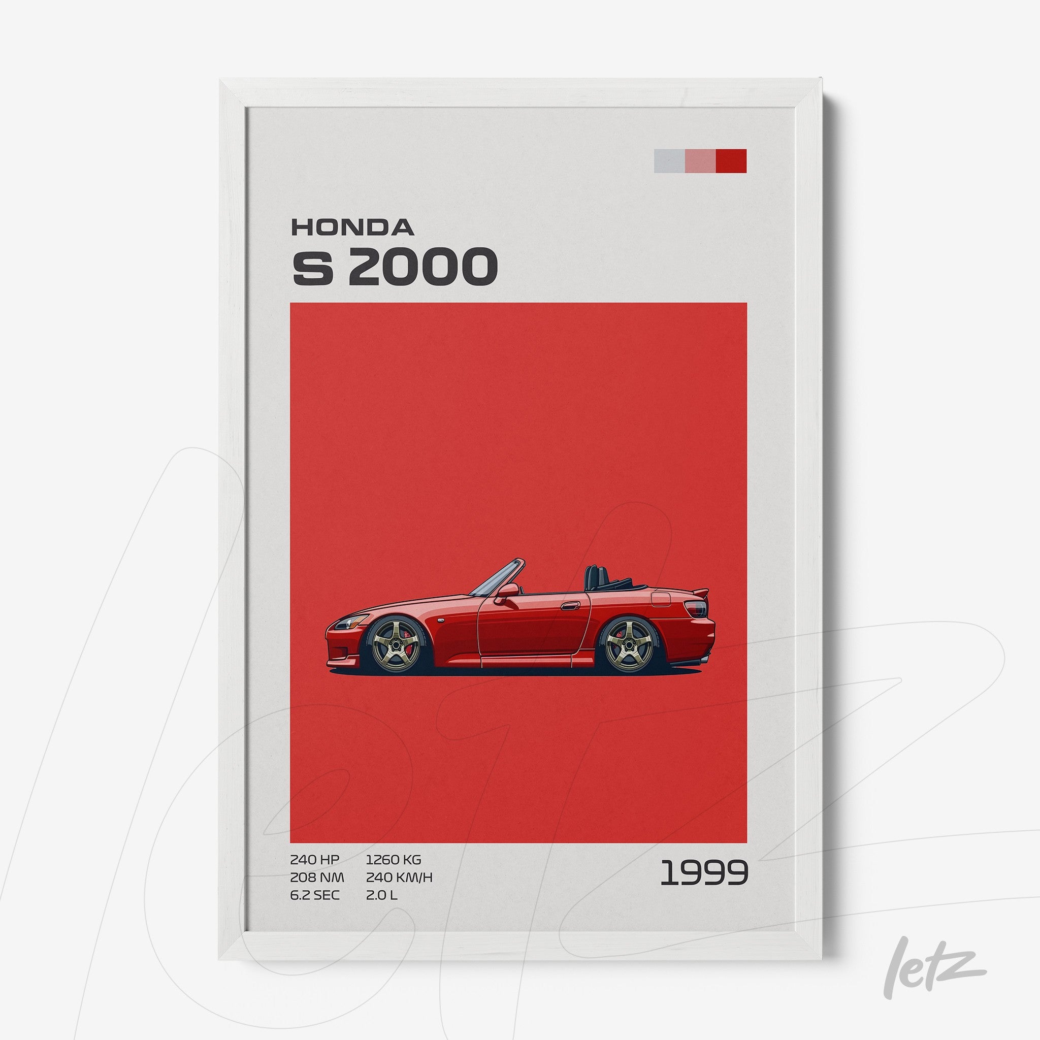 framed artwork featuring a stylized illustration of the Honda S2000 on a vibrant red background with a white frame