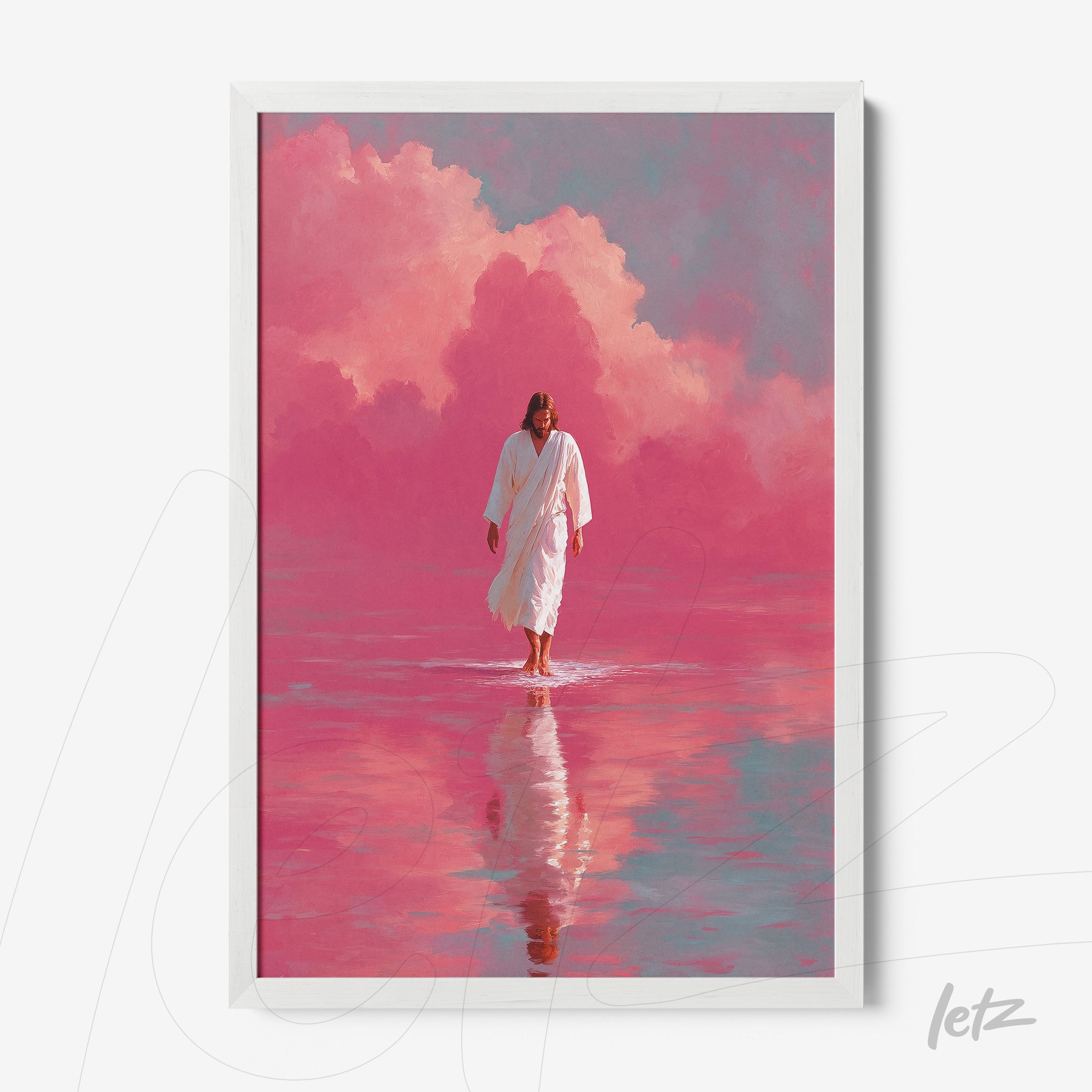 framed artwork of a religious figure walking on water against a vibrant pink background with clouds