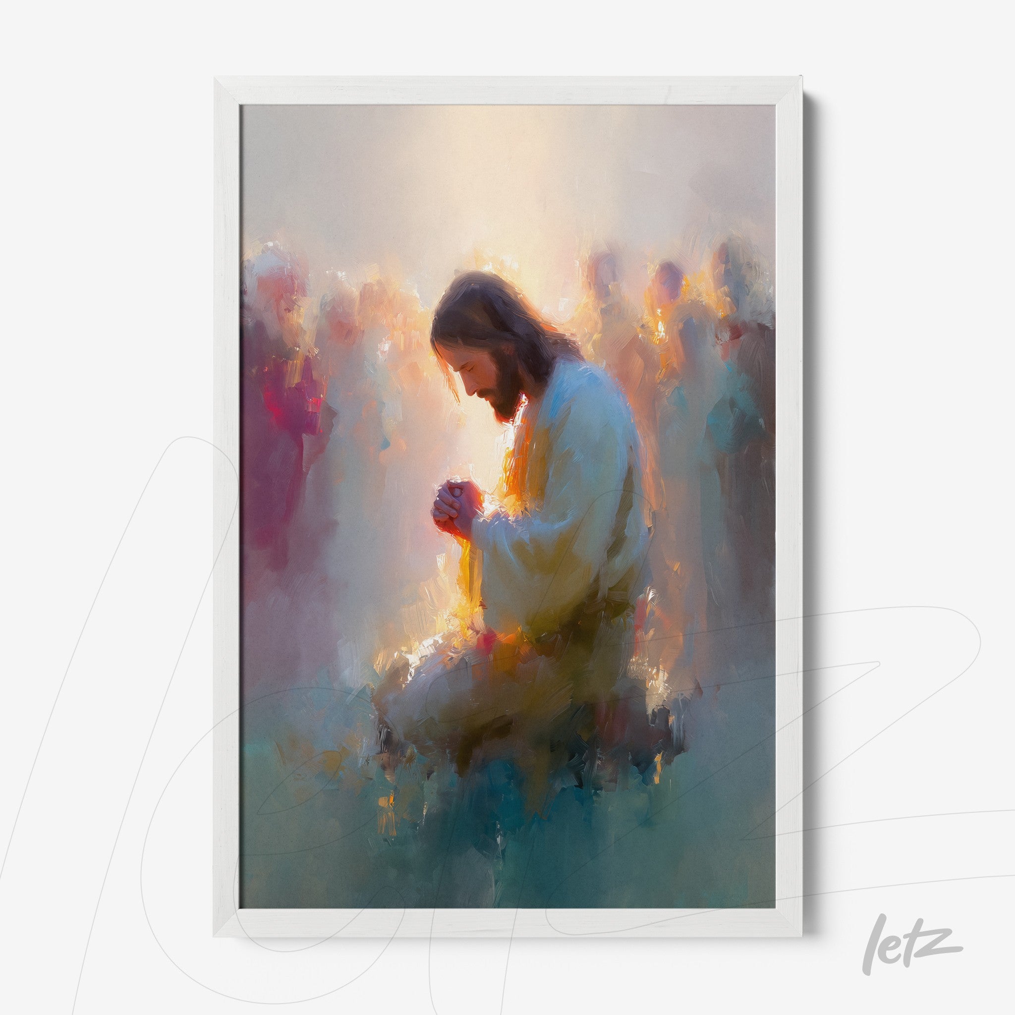 framed artwork depicting Jesus in prayer with an ethereal background and soft hues