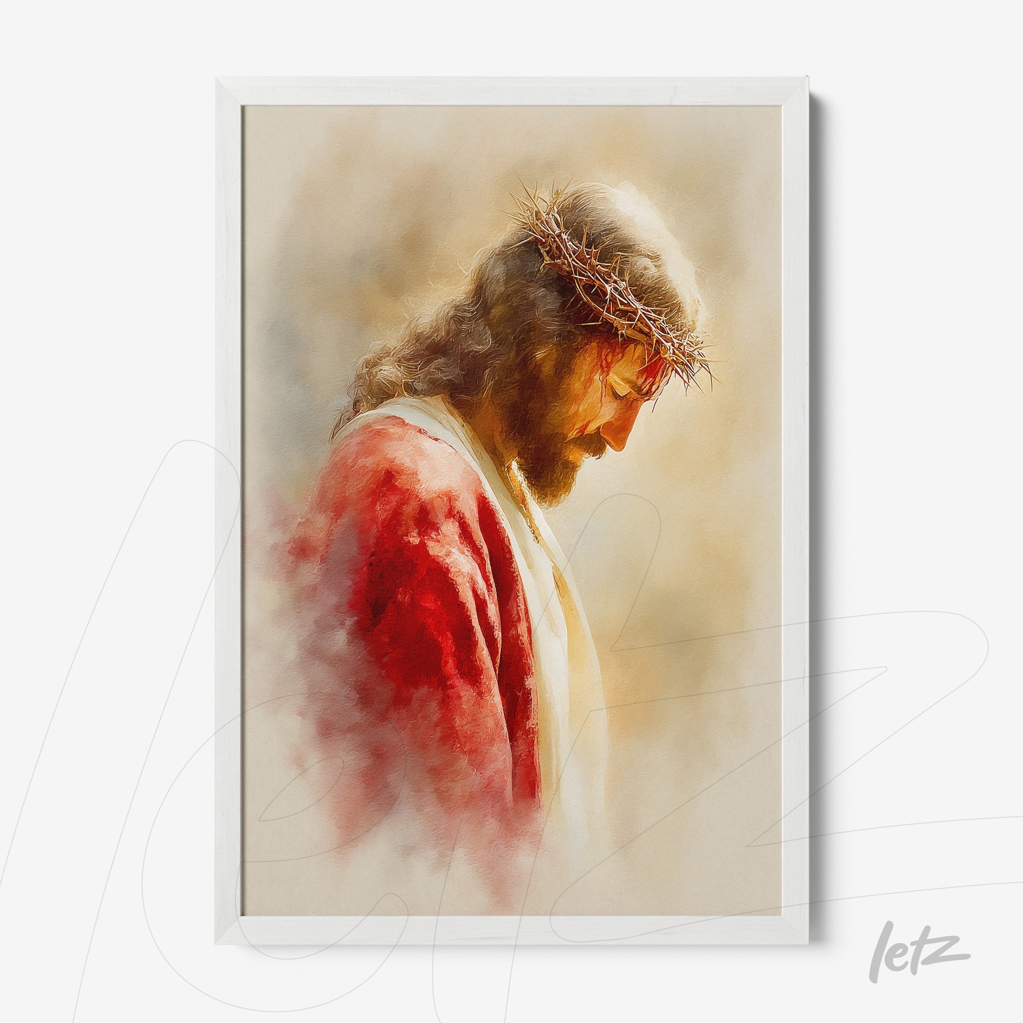 sacred wall art depicting Jesus with a crown of thorns in a white frame