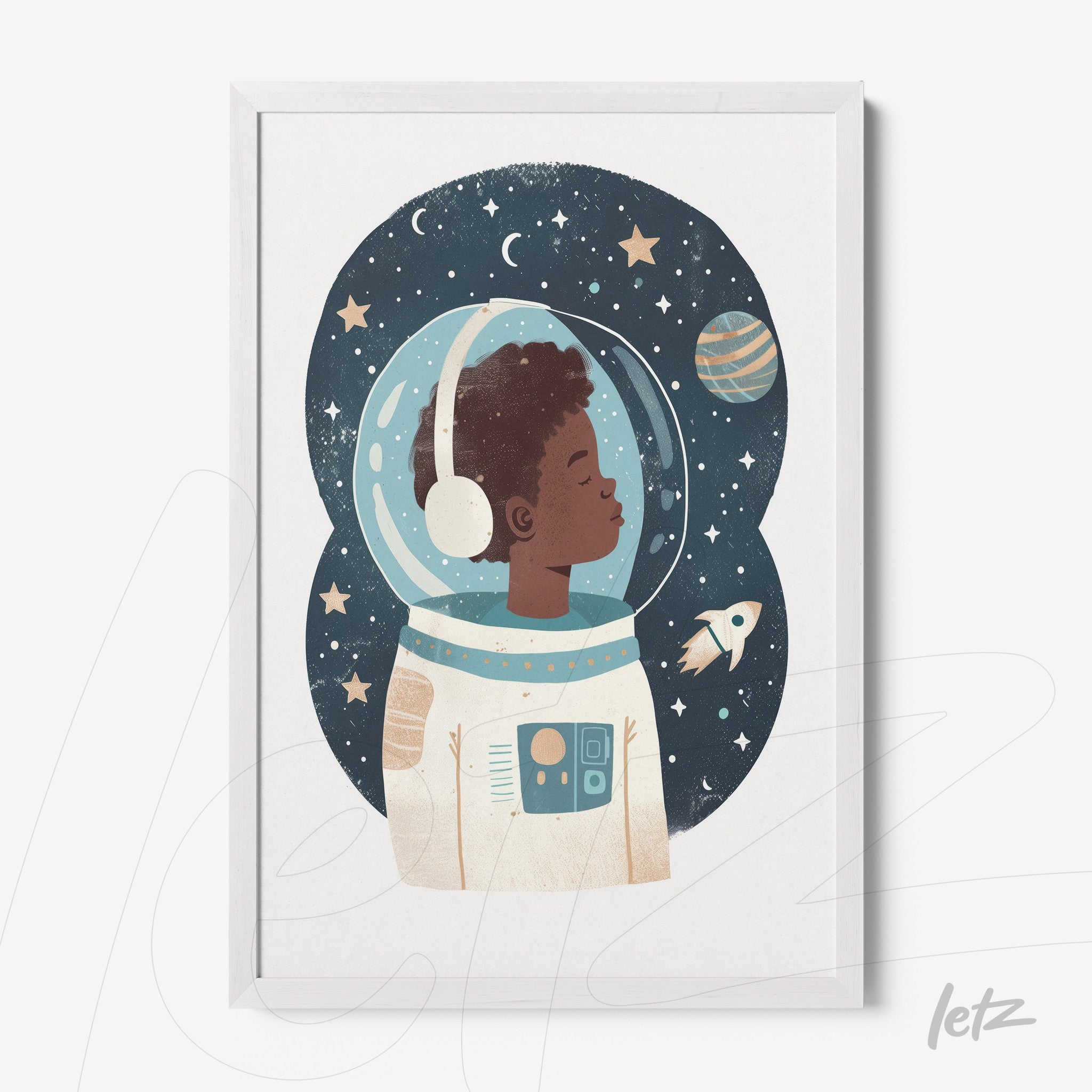framed artwork featuring a black astronaut in a helmet surrounded by stars and planets against a navy blue background