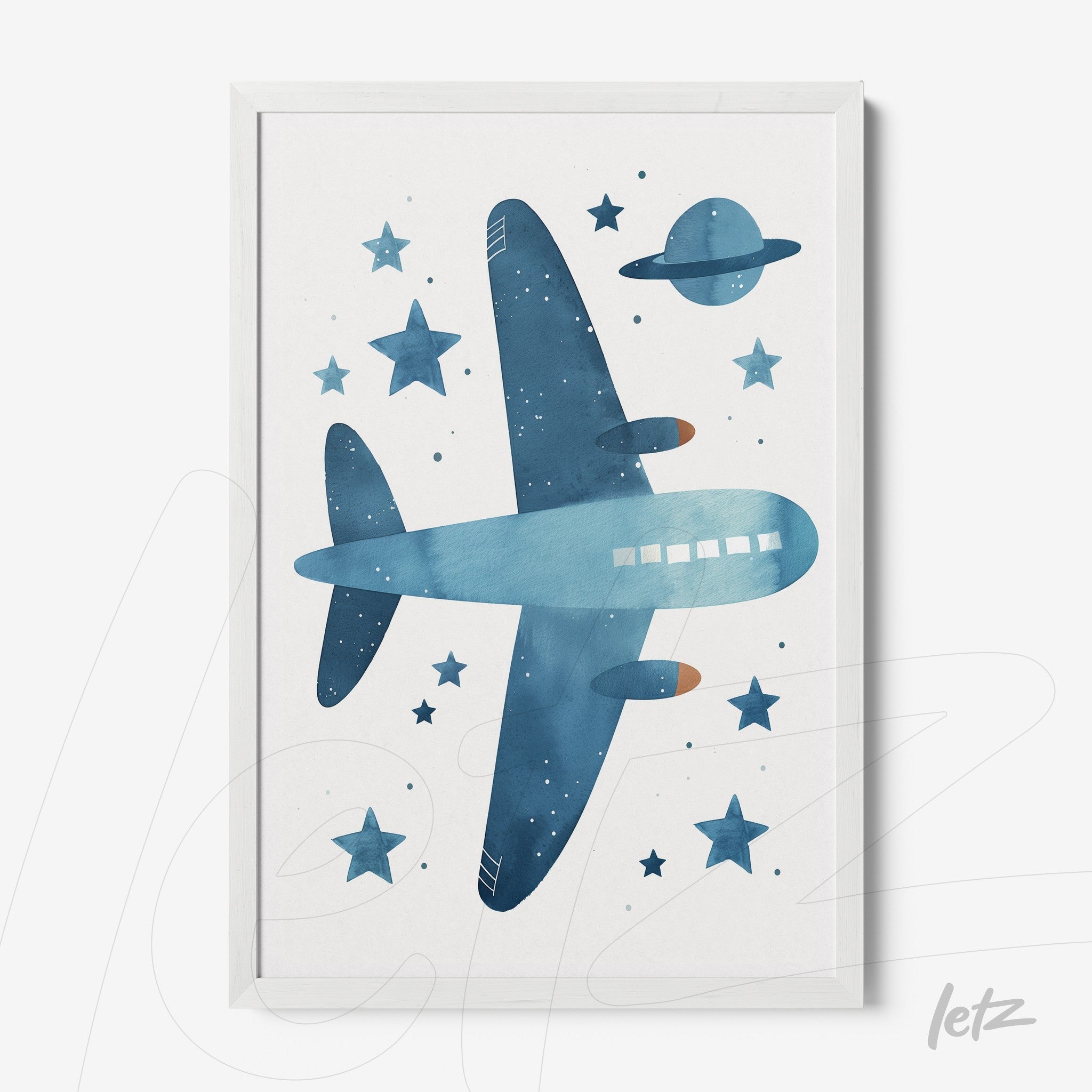 framed watercolor illustration of a blue airplane against a light background featuring stars and planet Saturn