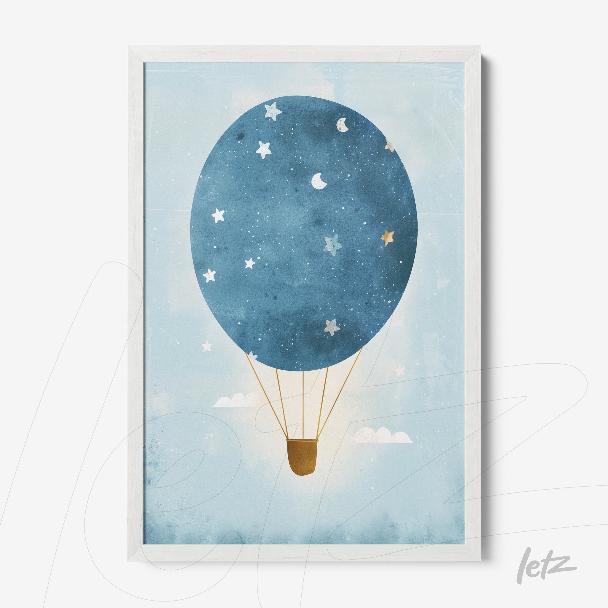 framed artwork of a hot air balloon in light blue with stars and moon, white frame
