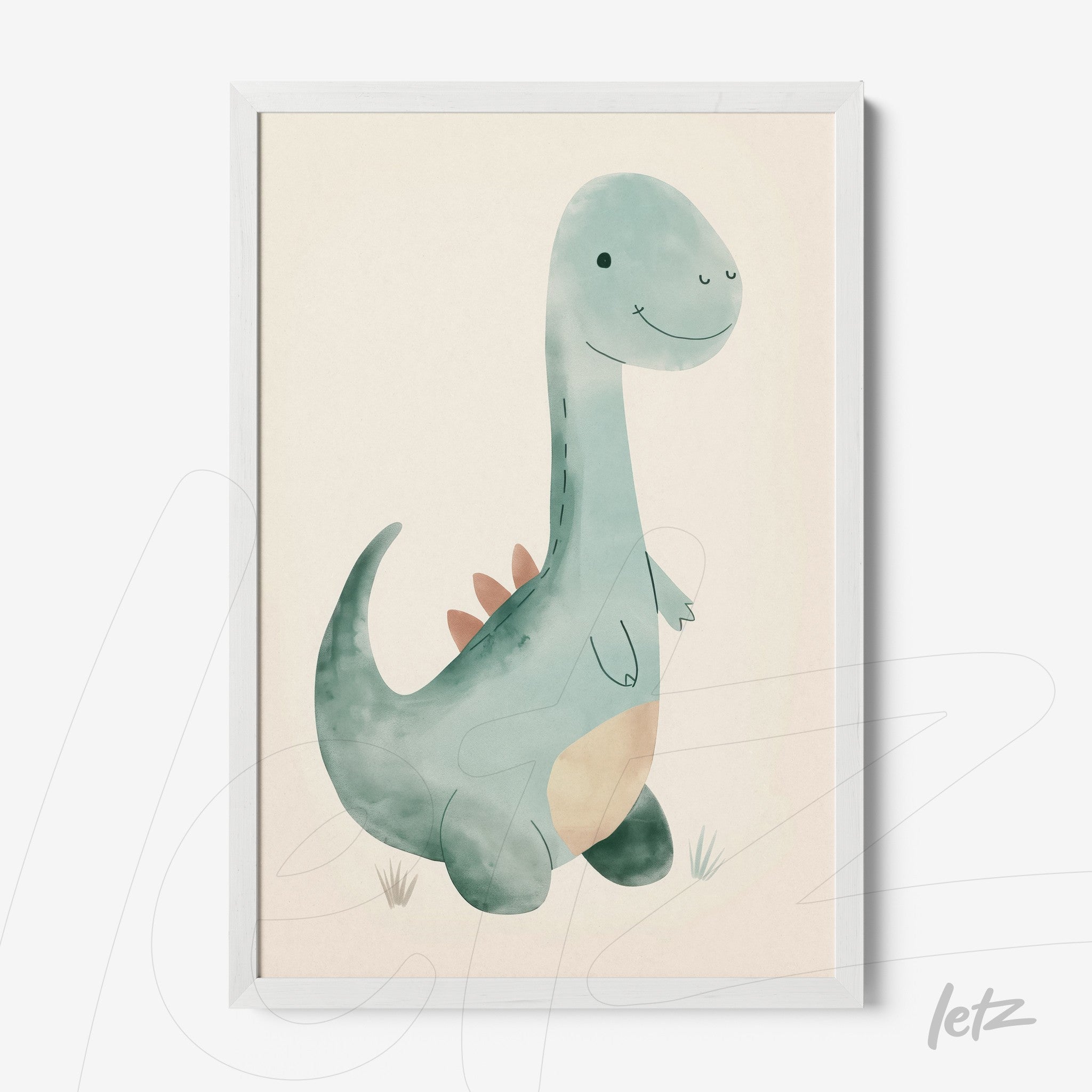 framed wall art featuring a pastel-colored dinosaur illustration with a white frame