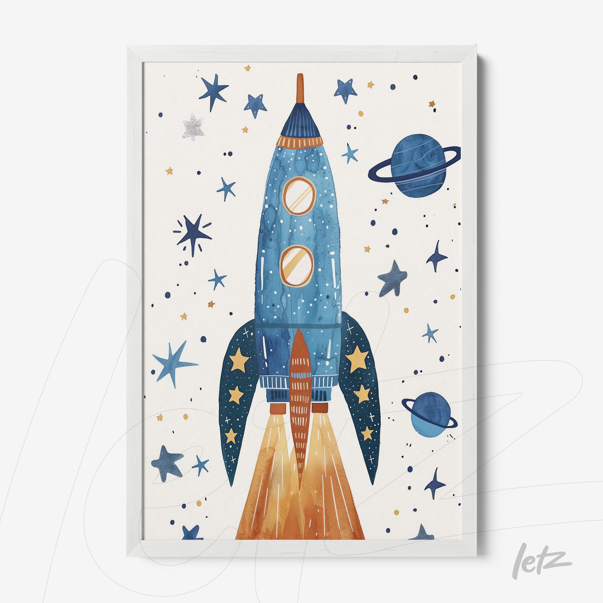 colorful children's wall art featuring a blue rocket surrounded by golden stars in a white frame