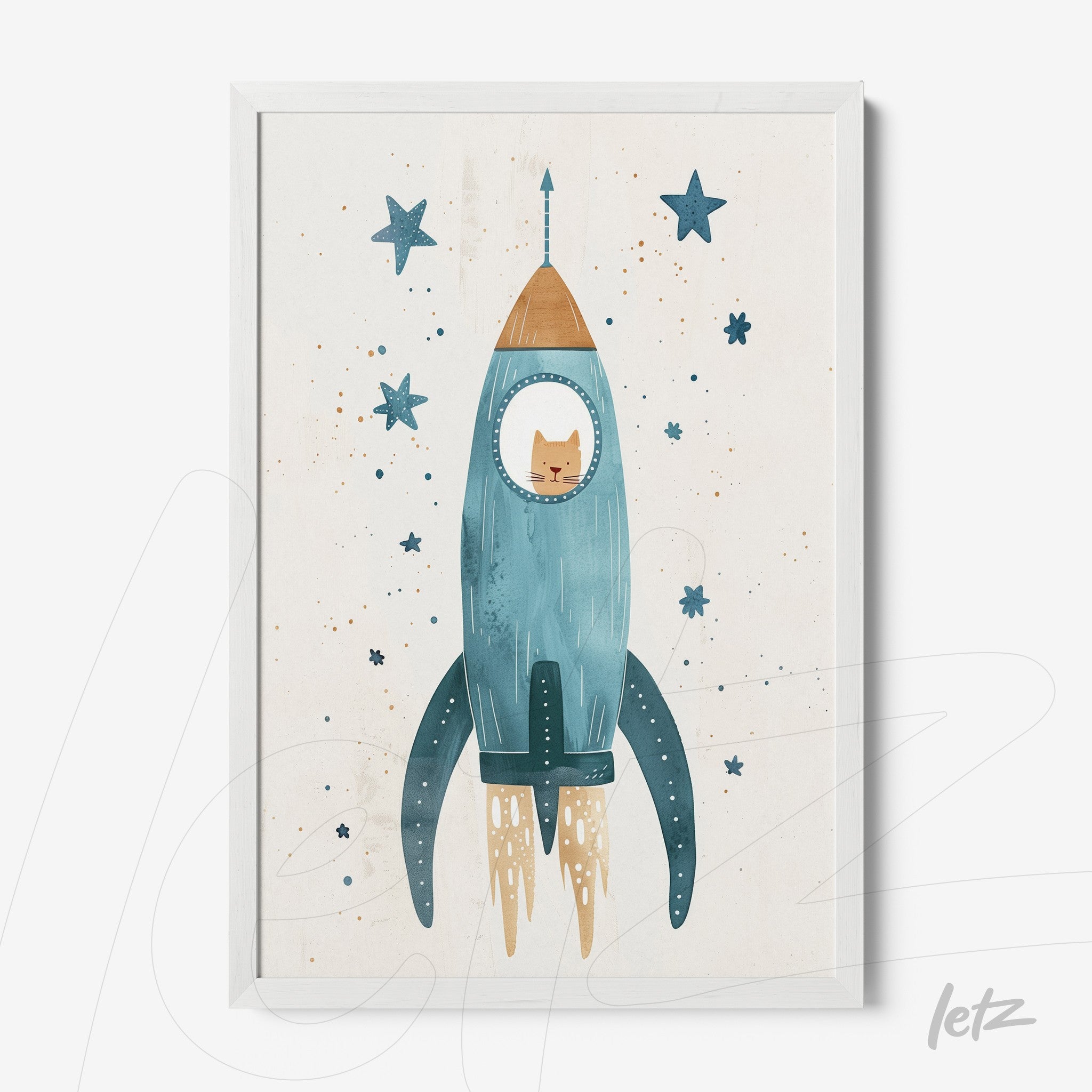 children's wall art featuring a cat inside a blue rocket with stars in the background, framed in white