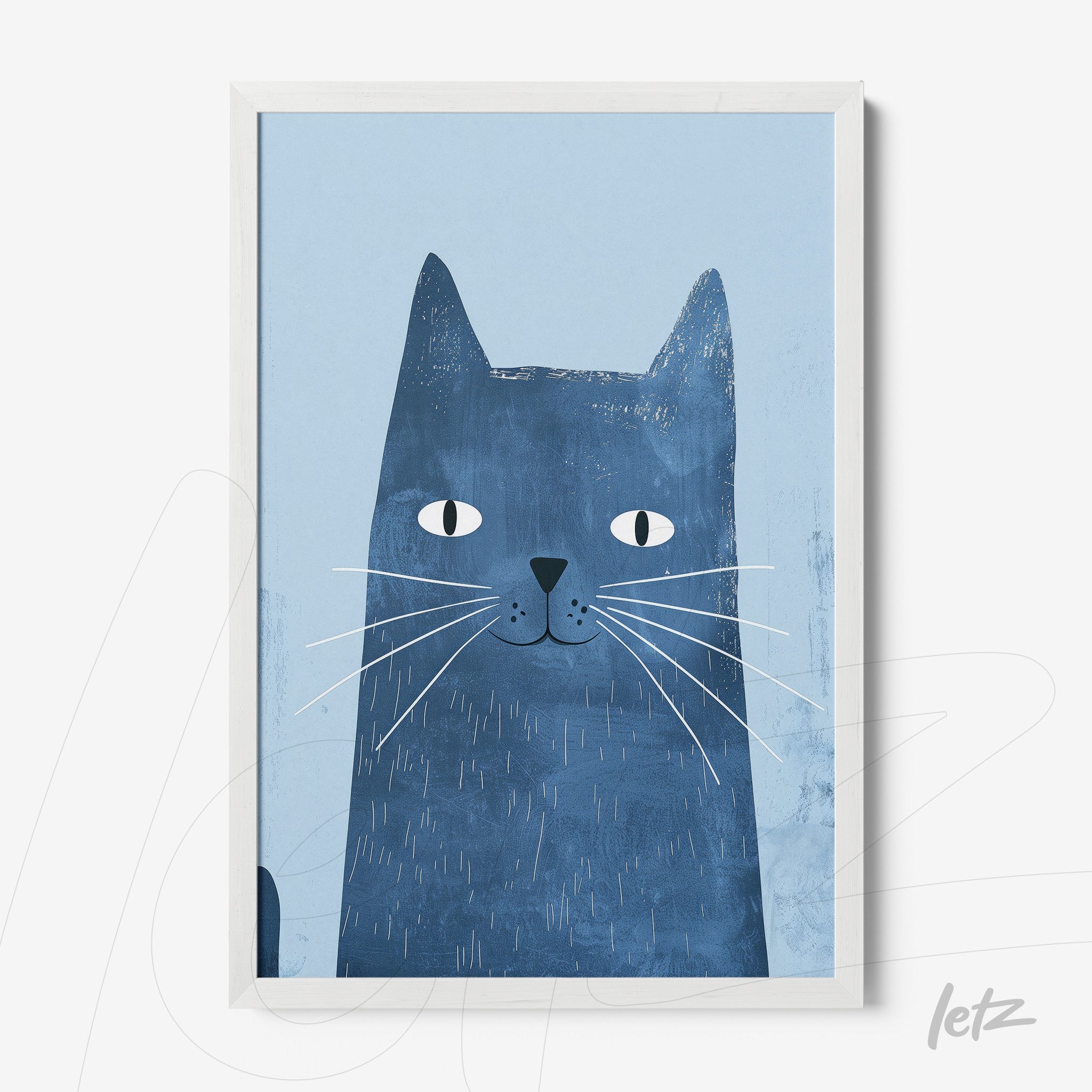 framed artwork featuring a blue cat illustration on light background with white frame
