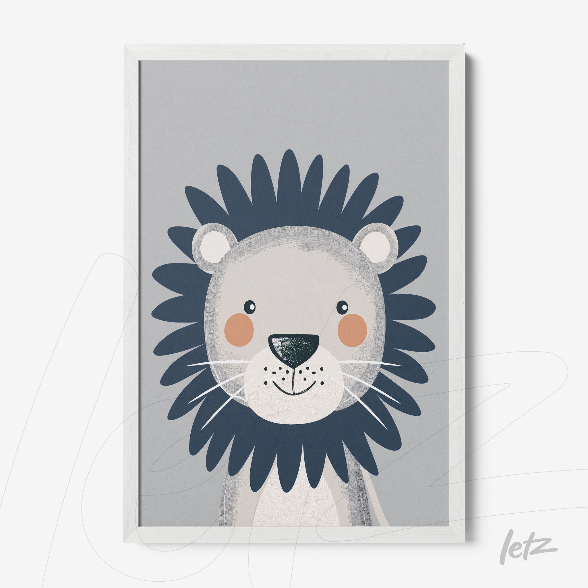 framed artwork featuring a cute lion illustration on a gray background with a white border