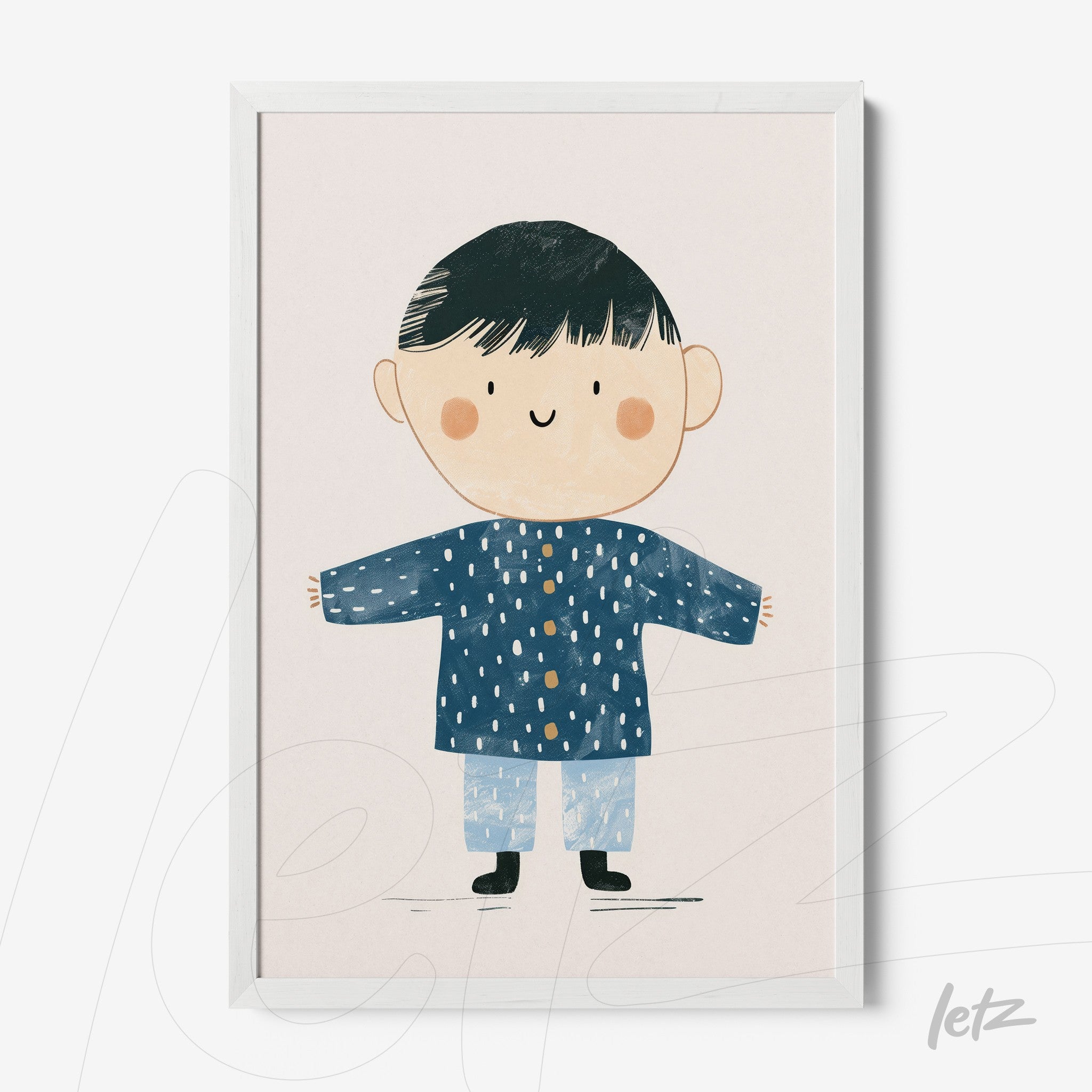 framed artwork featuring a smiling boy illustration wearing a blue coat and light pants