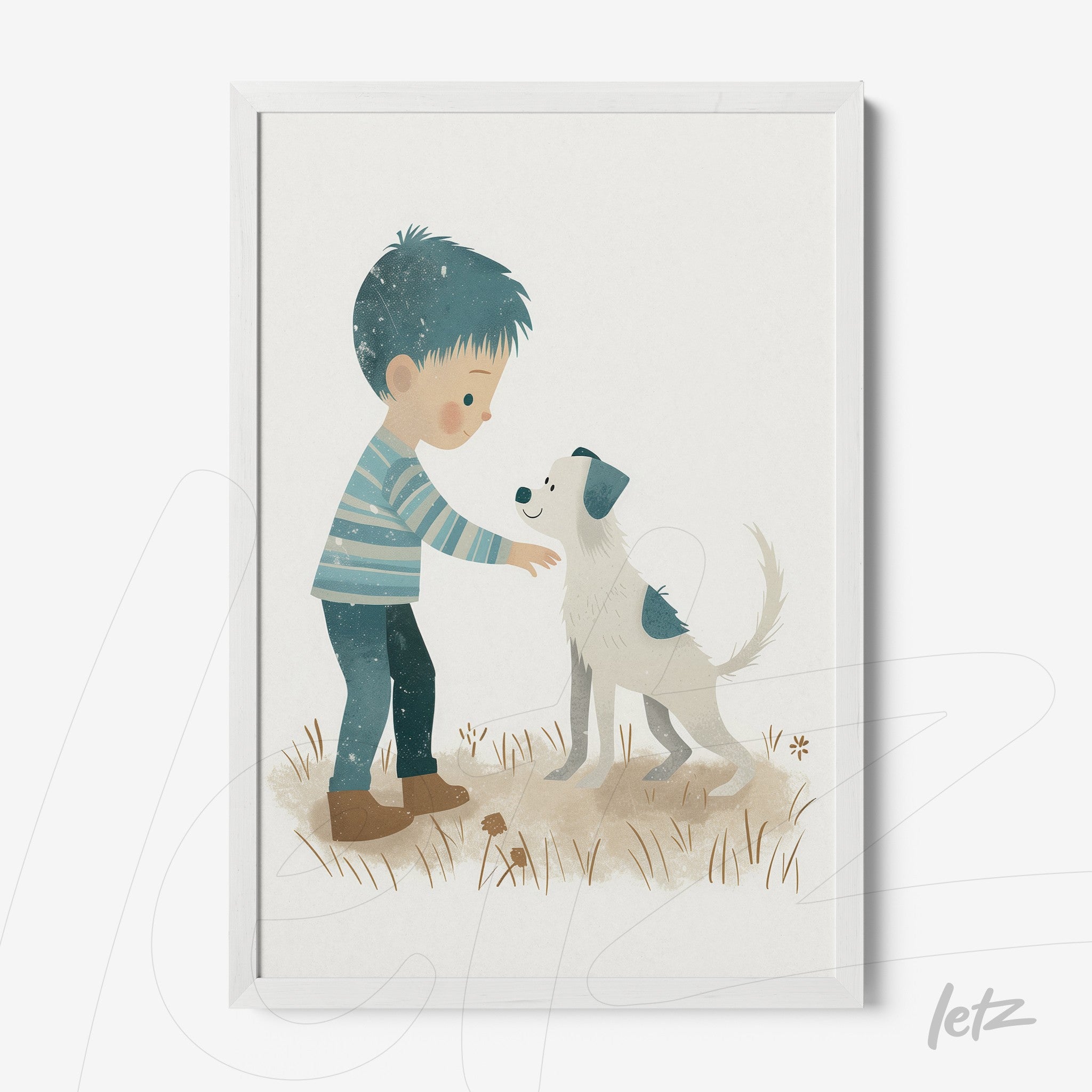 framed wall art featuring a child interacting with a dog in a neutral background