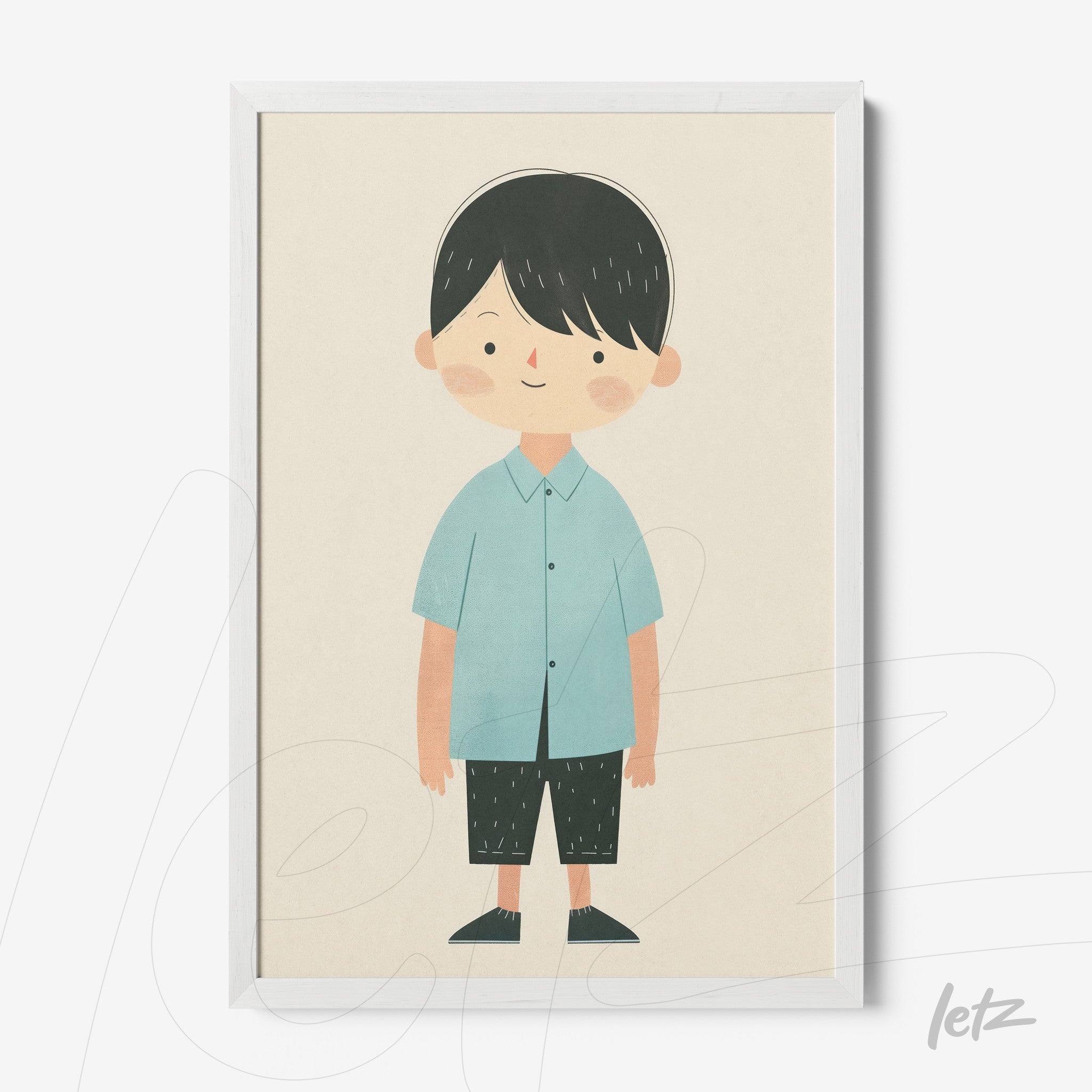 framed illustration of a boy wearing a blue shirt and dark pants with a white frame