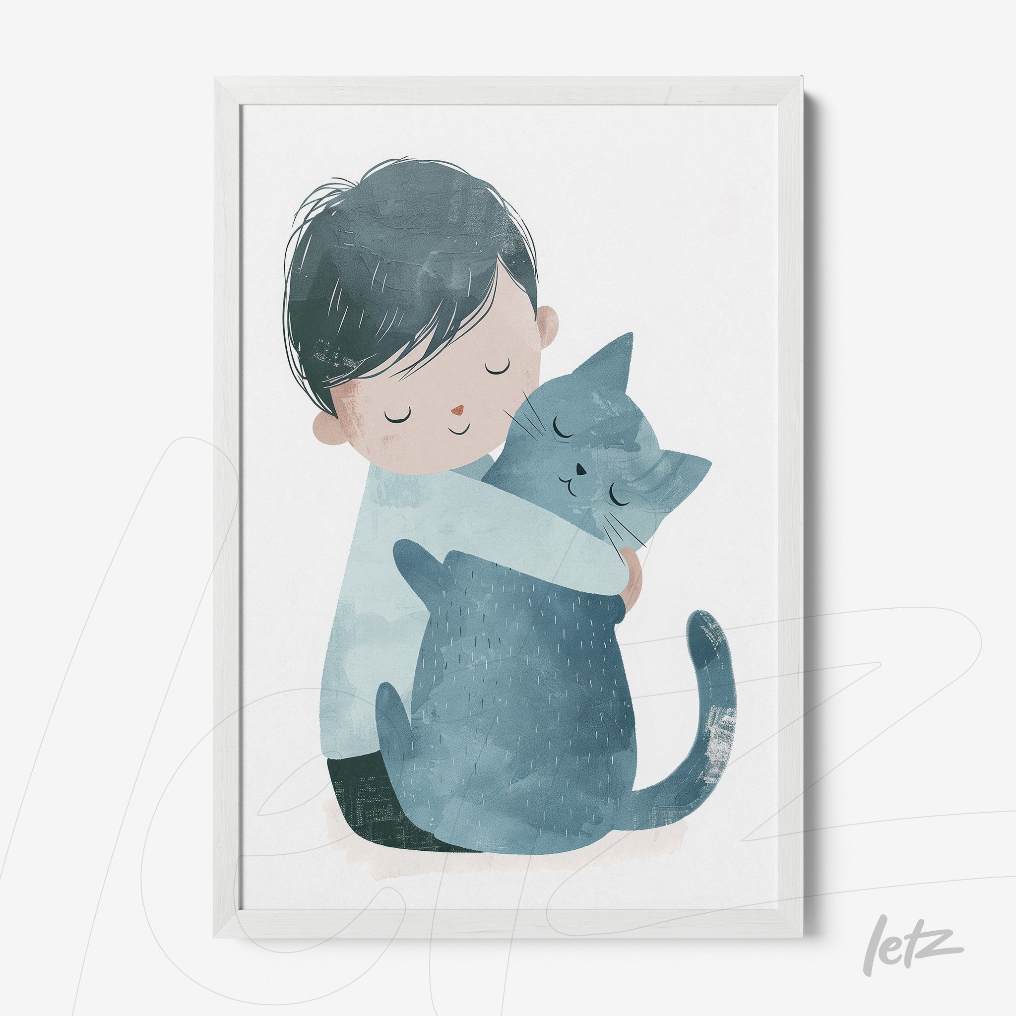 framed artwork depicting a boy hugging a gray cat with a light white frame