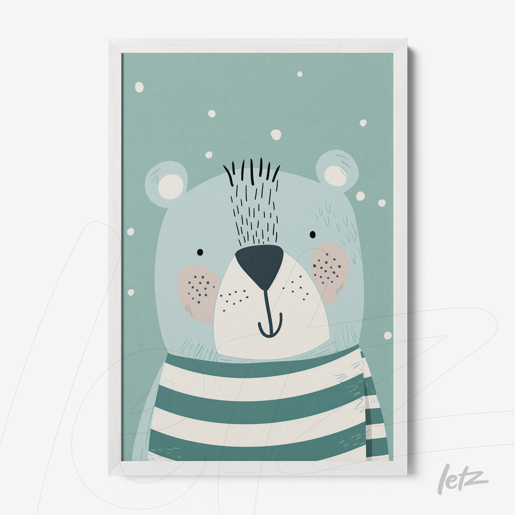 framed art print of a cute bear illustration on blue background with white frame