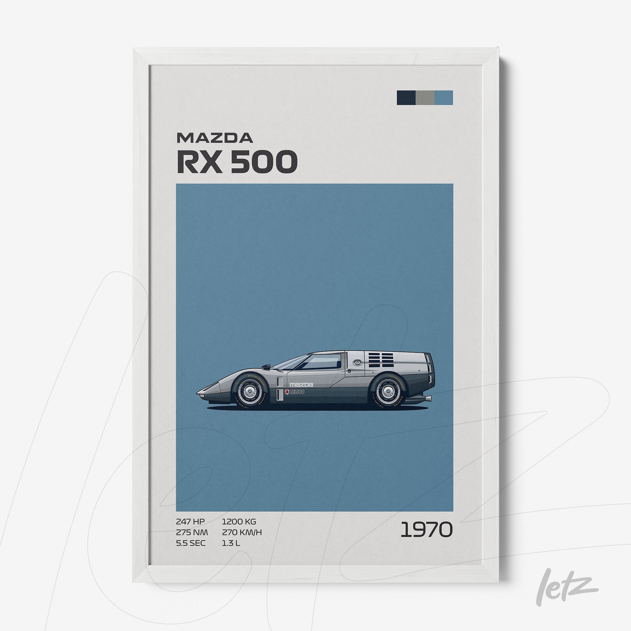framed artwork featuring a minimalist illustration of the Mazda RX 500 in a white frame