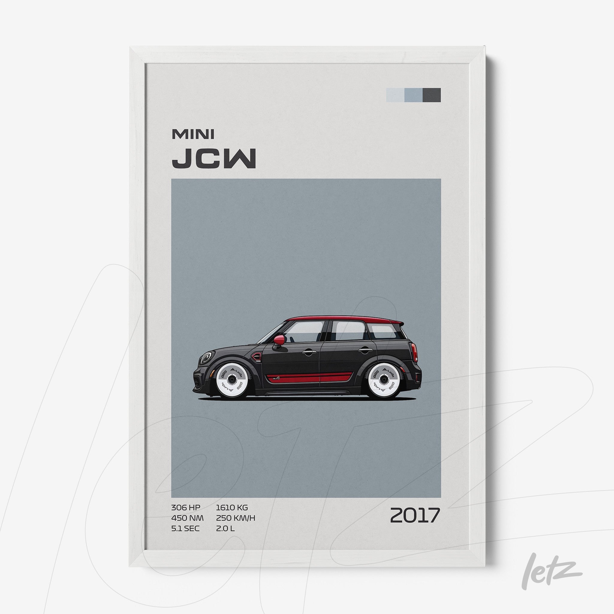 framed wall art featuring an illustration of a 2017 Mini JCW sports car in white frame