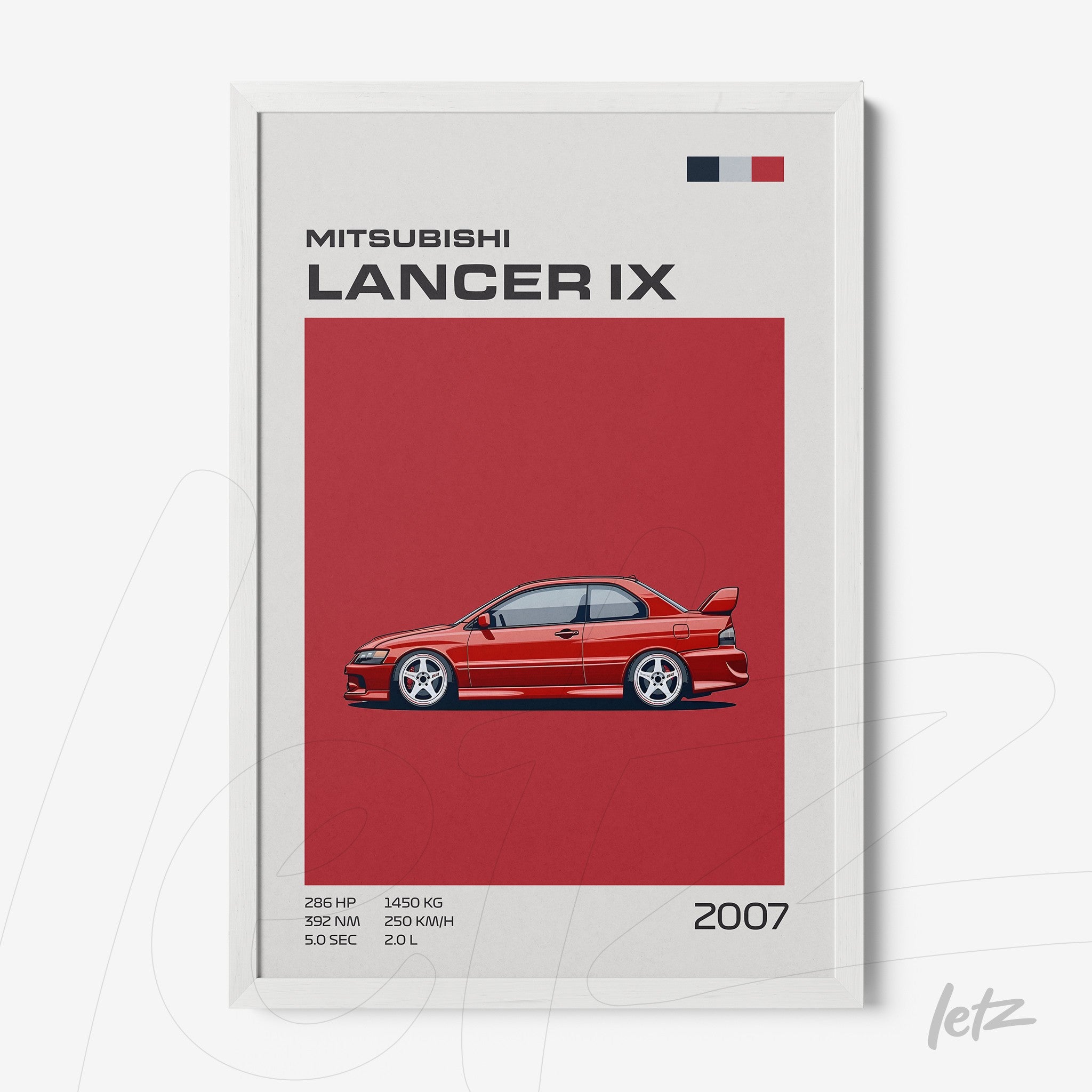 framed illustration of the 2007 Mitsubishi Lancer IX with a red background and white frame
