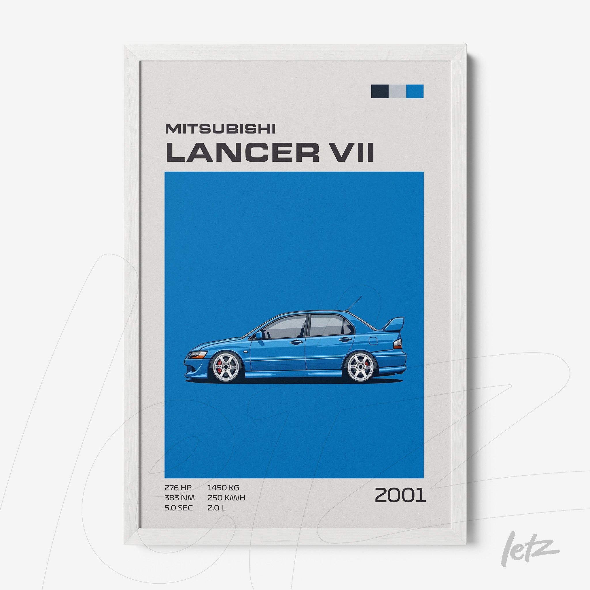 framed artwork of Mitsubishi Lancer VII in white frame against a vibrant blue background featuring illustrations and technical details beside