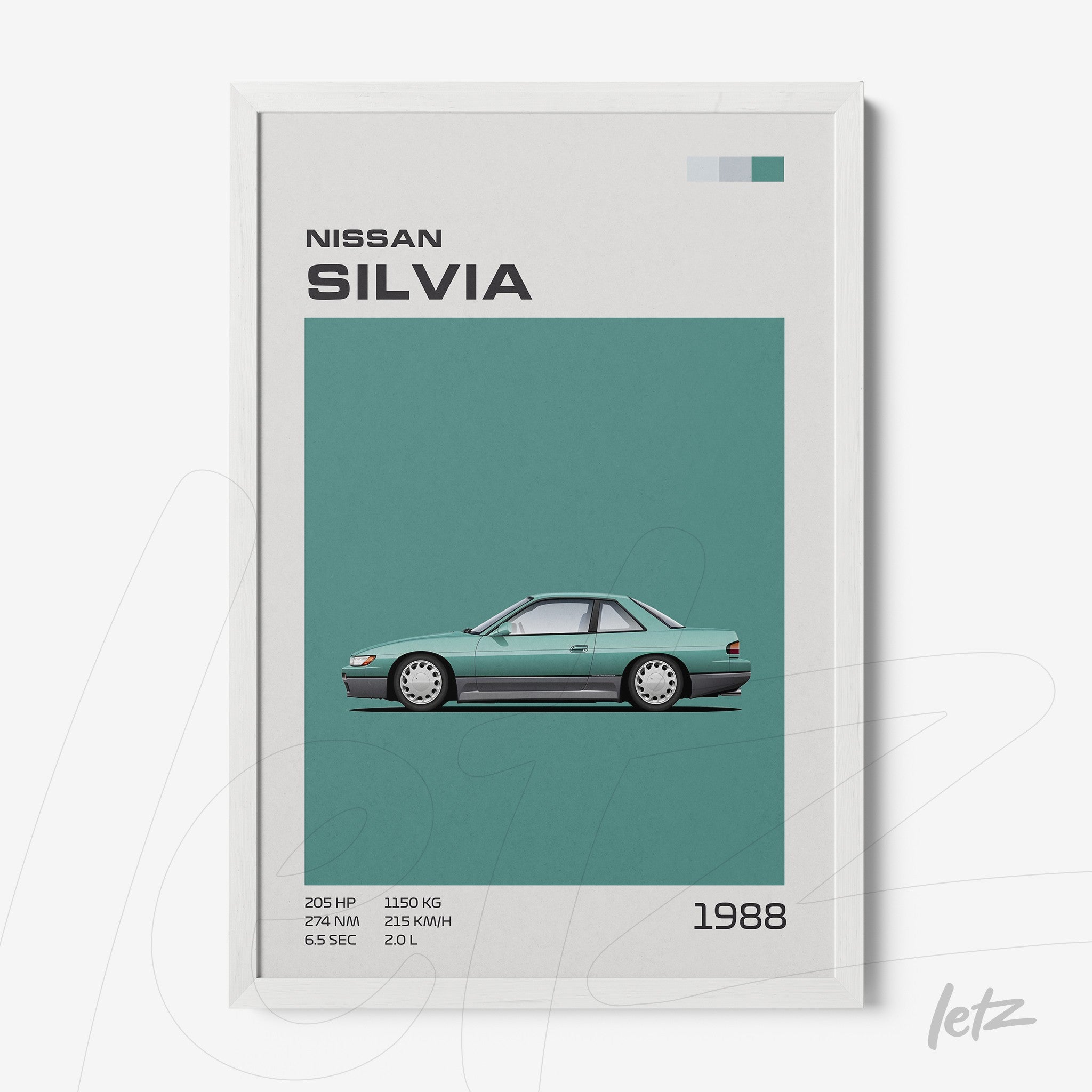 framed wall art of a 1988 Nissan Silvia with a light green background and minimalistic graphic details