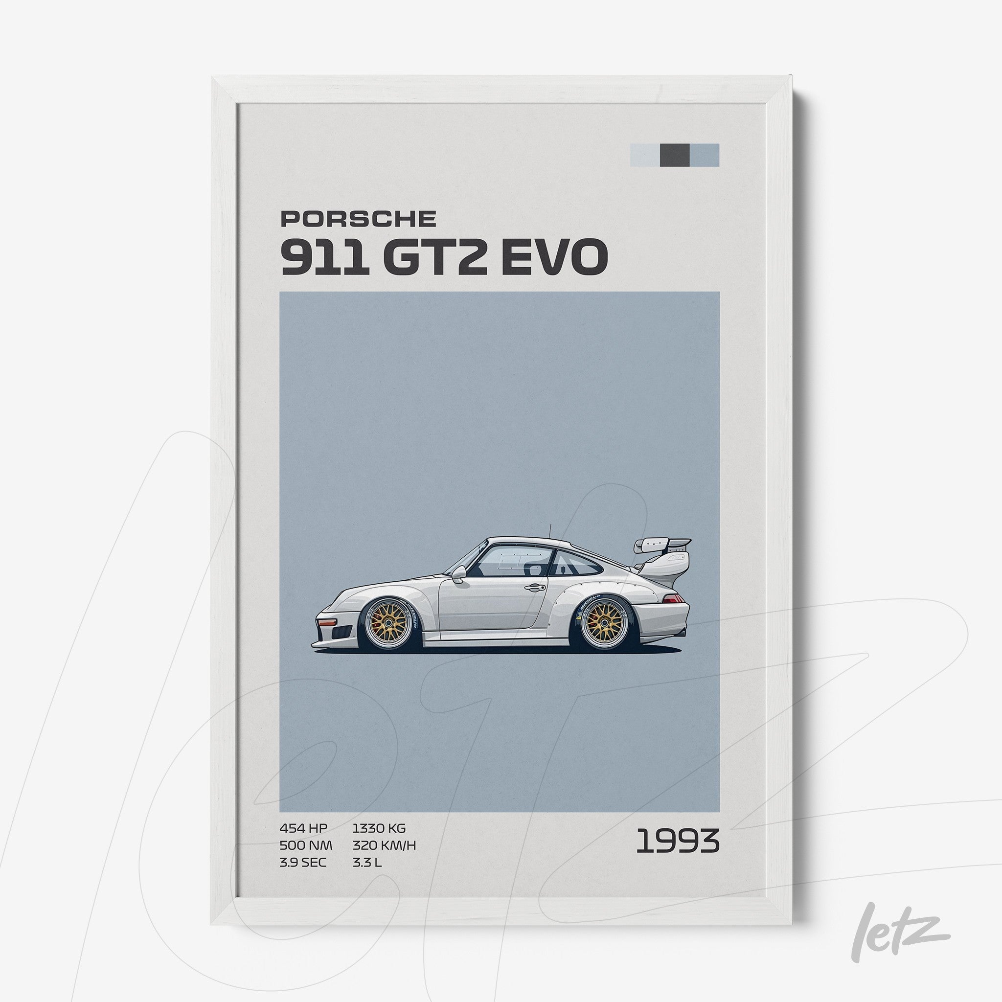 framed artwork of Porsche 911 GT2 EVO sports car in white frame with light blue background and minimalist text description