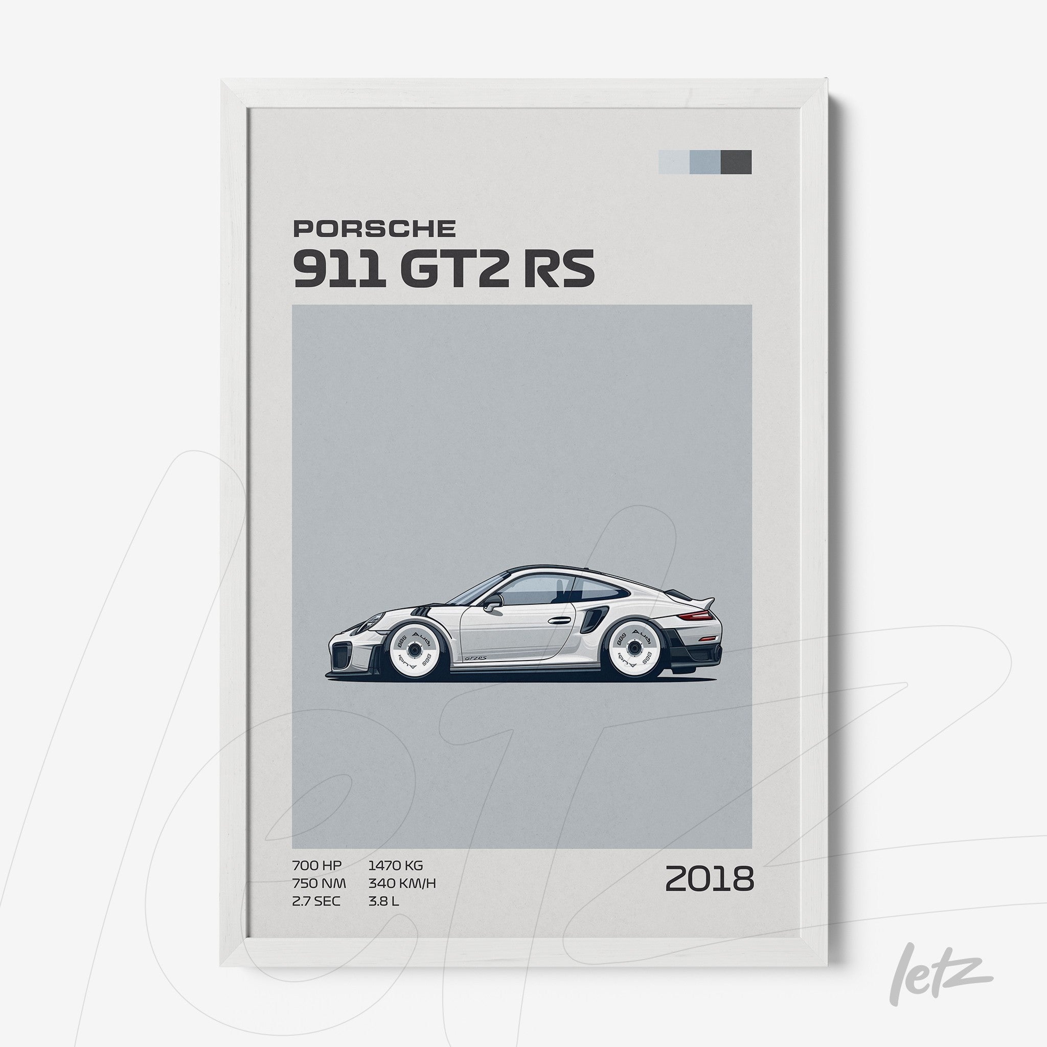 framed illustration of a Porsche 911 GT2 RS in white frame with gray background