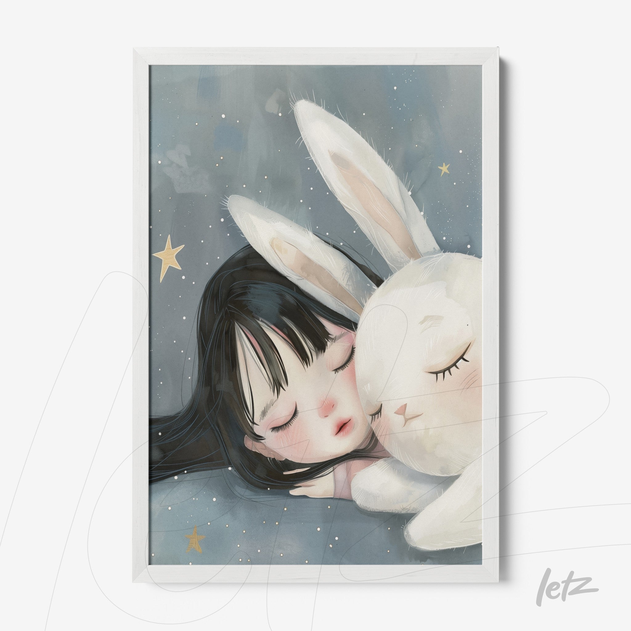 children's art print of a girl sleeping next to a white bunny on a blue background with a white frame