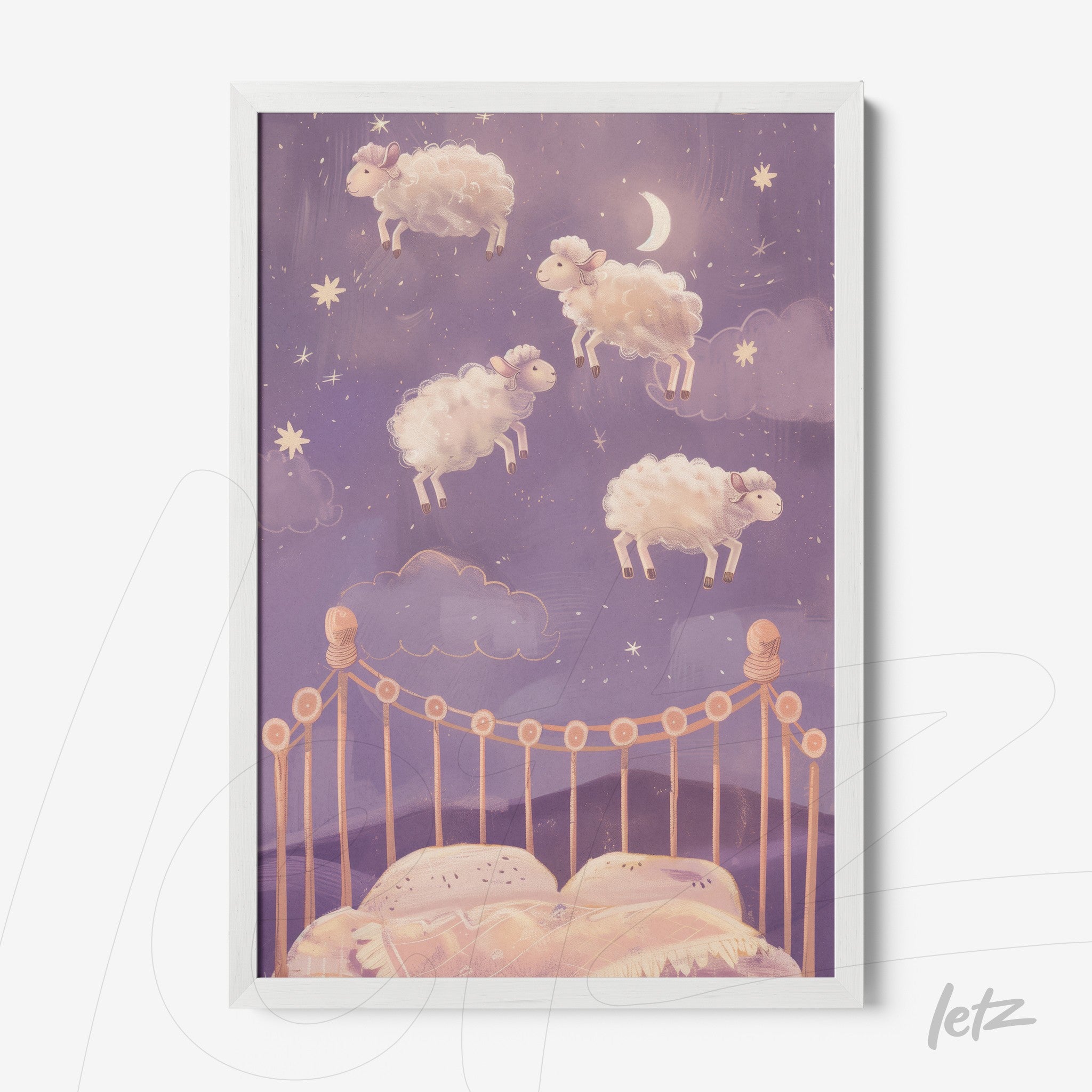 framed art featuring floating sheep under a starry sky with a crescent moon and a bed below