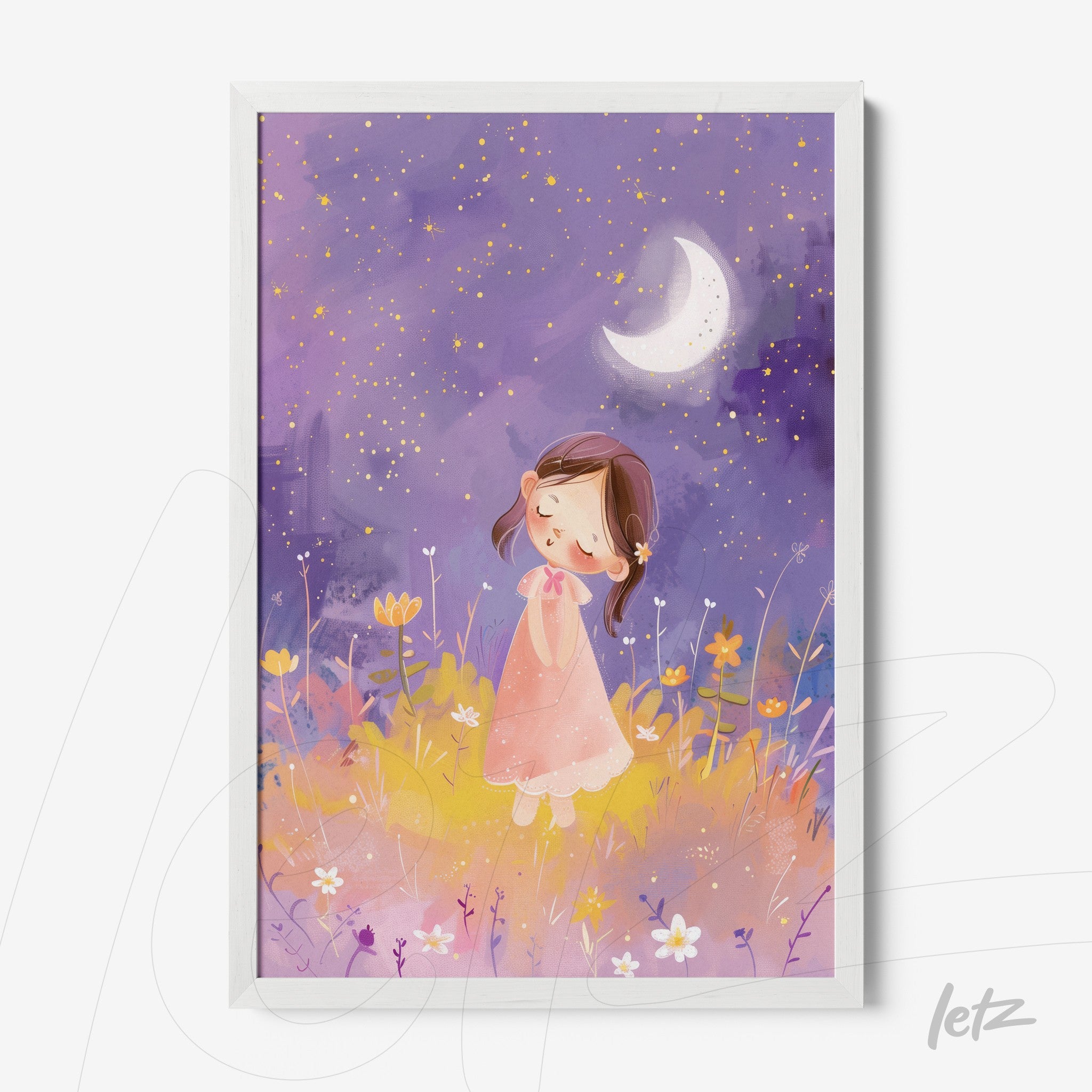 framed art featuring a cute girl in a pink dress standing in a flower field under a starry sky with a crescent moon