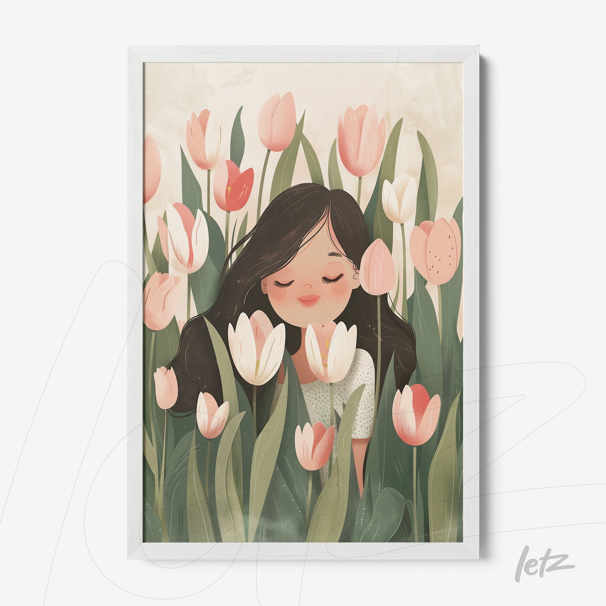 framed wall art of a woman smiling among pastel colored flowers with white frame